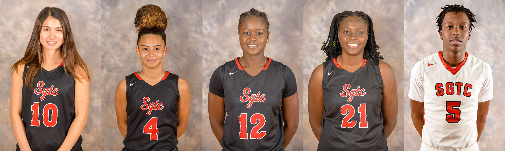 Shown above are the SGTC basketball players ranked nationally in the NJCAA Division I individual statistics January 8th poll. They are: Mari Hill, 10; Alyssa Nieves, 4; Fatou Pouye, 12; Bigue Sarr, 21; and Justin Johnson, 5.