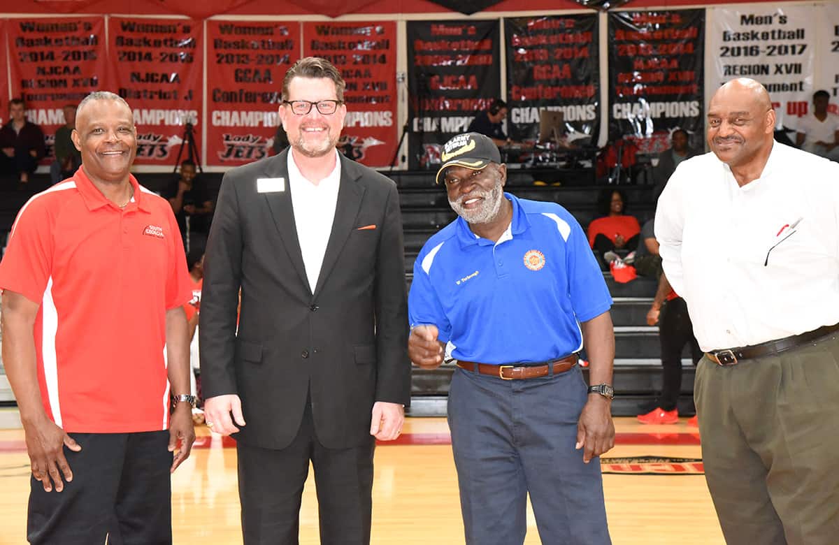 SGTC President Dr. John Watford is shown above with three former basketball players who played basketball at SGTC when the team was known as the “Technics.” They are Michael Coley, Willie Yarbrough, and Eddie Wallace.