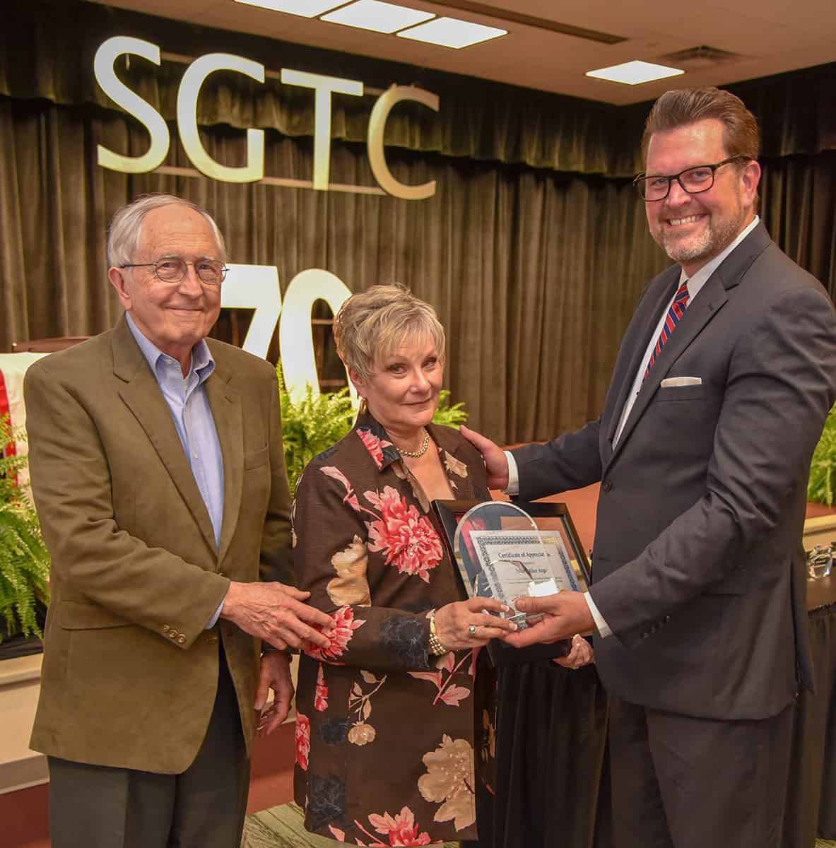 SGTC President Dr. John Watford is shown above (r) with John and Alice Argo who were recognized at the SGTC Foundation Donor Dinner for being members of the Scholars Club for their life time giving. The Argo’s also endowed the John and Alice Argo Aviation Maintenance scholarship for aviation students at South Georgia Tech. They were also recognized as members of the 2018 President’s Club.