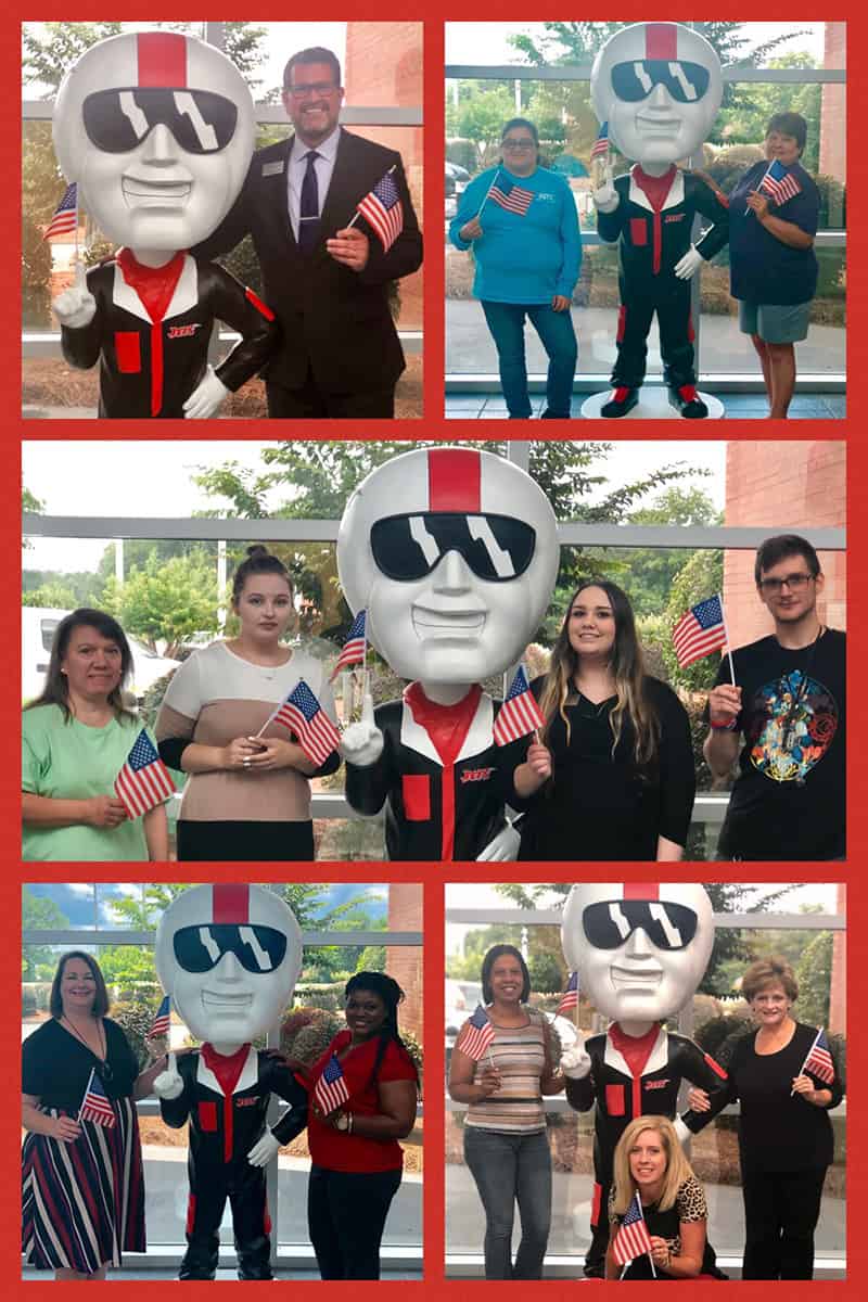 Shown above is a collage of photos that shows SGTC President Dr. John Watford and the college’s Bobble Head ACE mascot displaying flags. It also shows different students and faculty advisors showing their support of Flag Week with Bobble Head ACE.