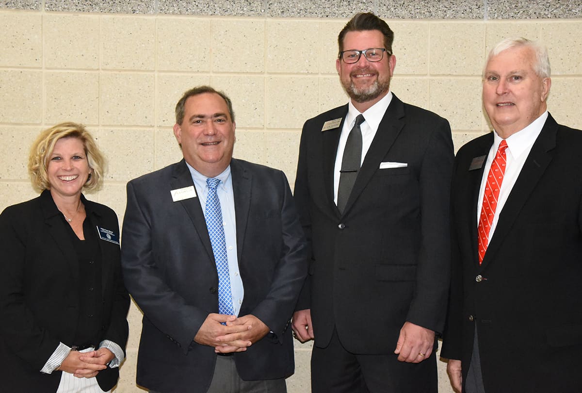 Technical College System of Georgia Apprenticeship Manager for the Office of Workforce Development Holly Free-Ollard is shown above (l to r) with South Georgia Technical College Business and Industry Director Paul Farr, SGTC President Dr. John Watford, and SGTC Vice President of Economic Development Wally Summers. She presented an Industry Apprenticeship Training session at SGTC and approximately 35 individuals attended.