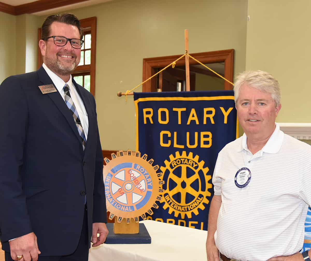 South Georgia Technical College President Dr. John Watford (l) is shown above with Cordele Rotary Club President Grant Buckley at the close of the Rotary Club meeting where Dr. Watford presented the program recently.