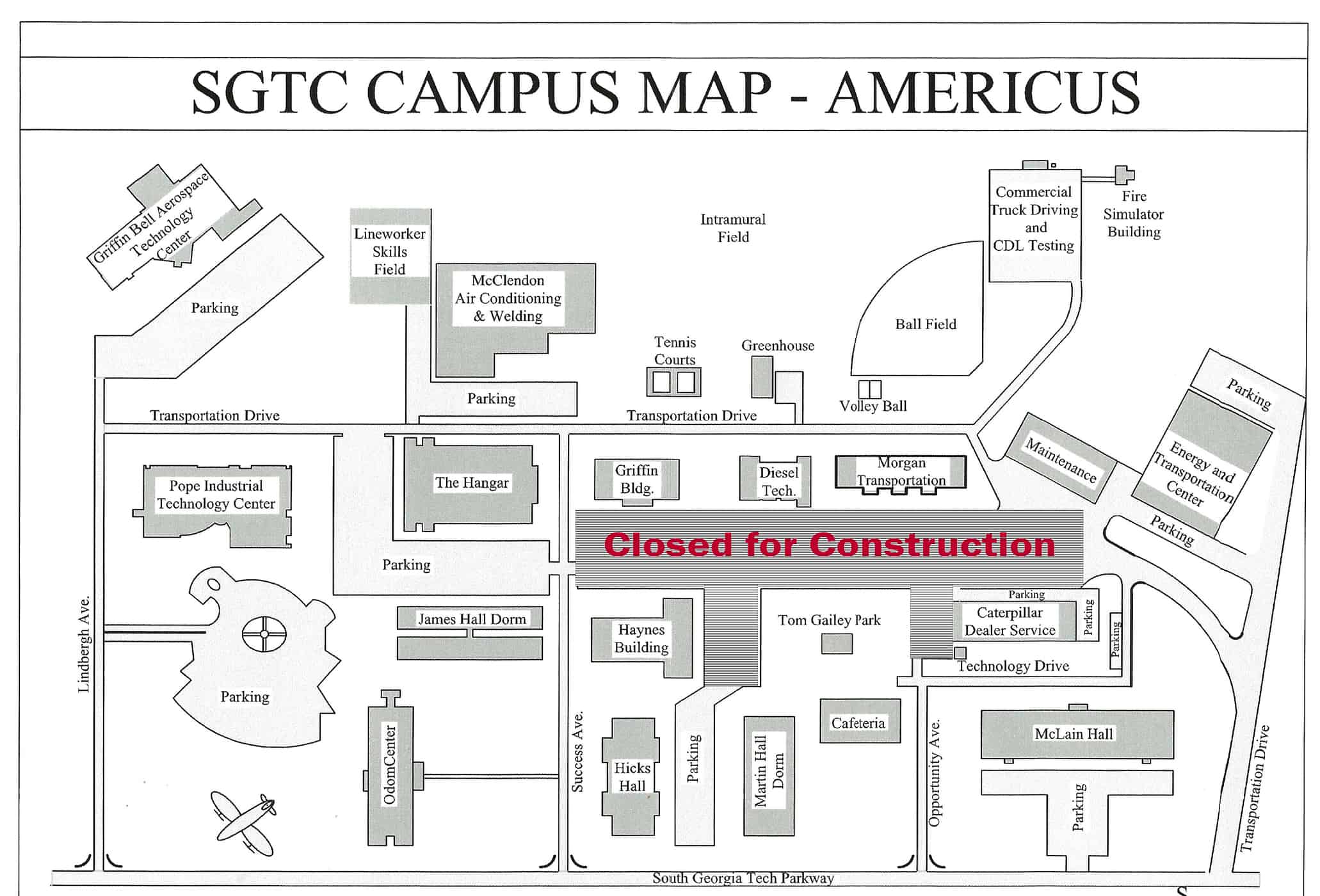The center of the South Georgia Technical College Americus campus is closed due to construction work.