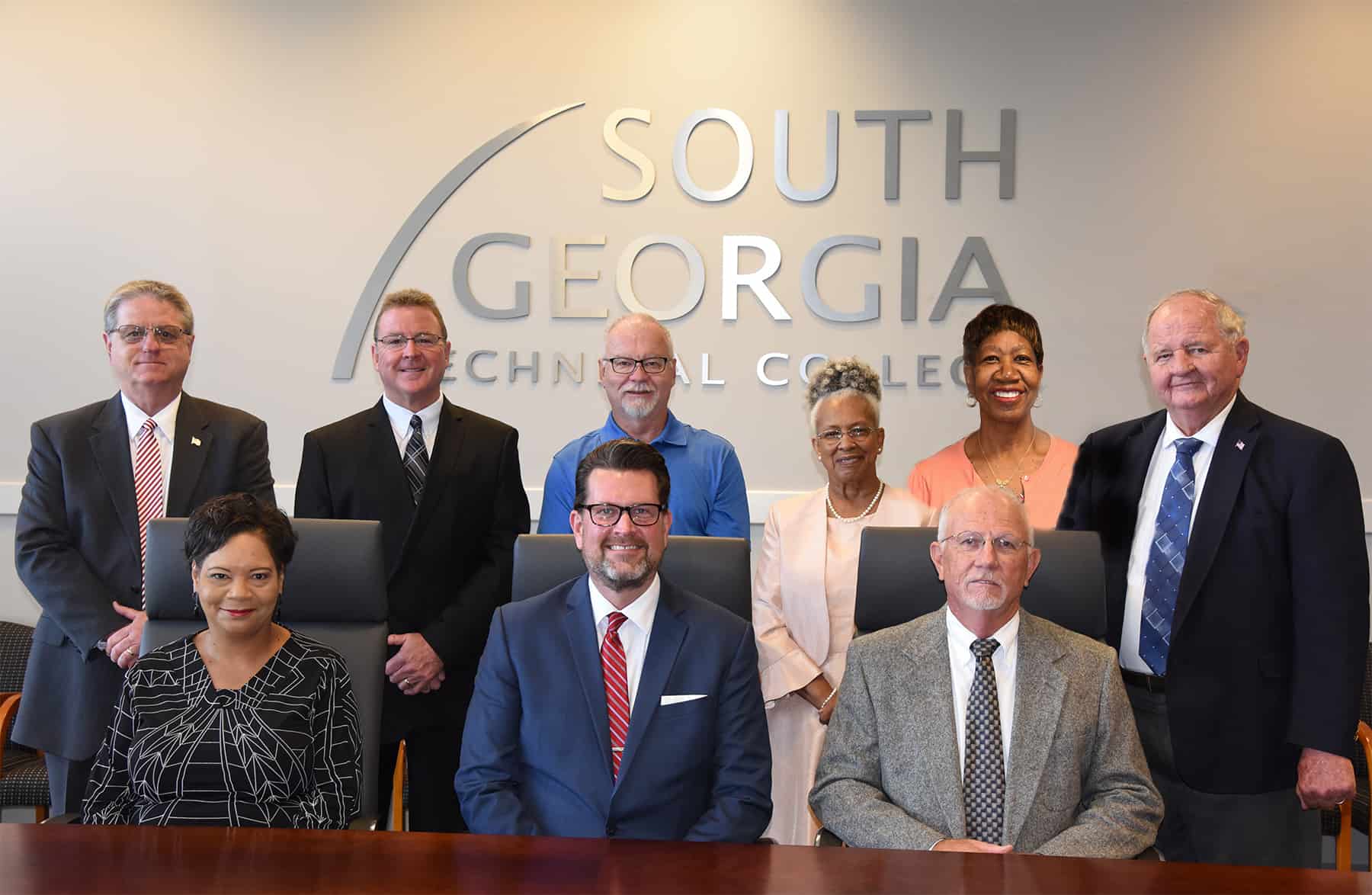 SGTC President Dr. John Watford (seated, second from left) is shown above with the SGTC Board of Directors for 2019 – 2020. Shown seated (l to r) with the Board of Directors is SGTC Executive Assistant to the President Teresa O’Bryant and Dr. Watford along with former Chair Jake Everett. Standing (l to r) is Richard McCorkle, Don Porter, George Bryce, Mattye Gordon, Janet Siders, and incoming chairman Jimmy Davis.