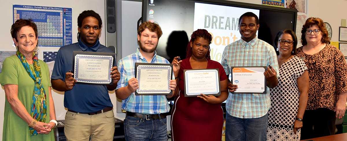 SGTC Dean of Adult Education Lillie Ann Winn is shown above with Darrius Daniels, Alex Hale, Alexis White and Ryan Lamar, the four students who passed all three certification exams in 12 days. Also shown are SGTC Director of Career Services and Tracy Israel, SGTC Adult Education Transition Specialist.