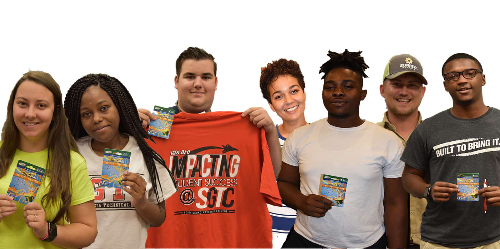 Shown above are seven of the students who were presented with Charles Eames Travel Fund gas cards this semester. Shown (l to r) are Kylie Nicole McSpadden, Health Care Assisting; Jeterria Boone, Early Childcare; Tison Smith, Precision Machining and Manufacturing; Hawley Steward, Barbering; Jartavious Milledge, Air Conditioning Technology; Christopher Barker, Welding and Joining; and Frederick Lee Gear, Automotive Technology.