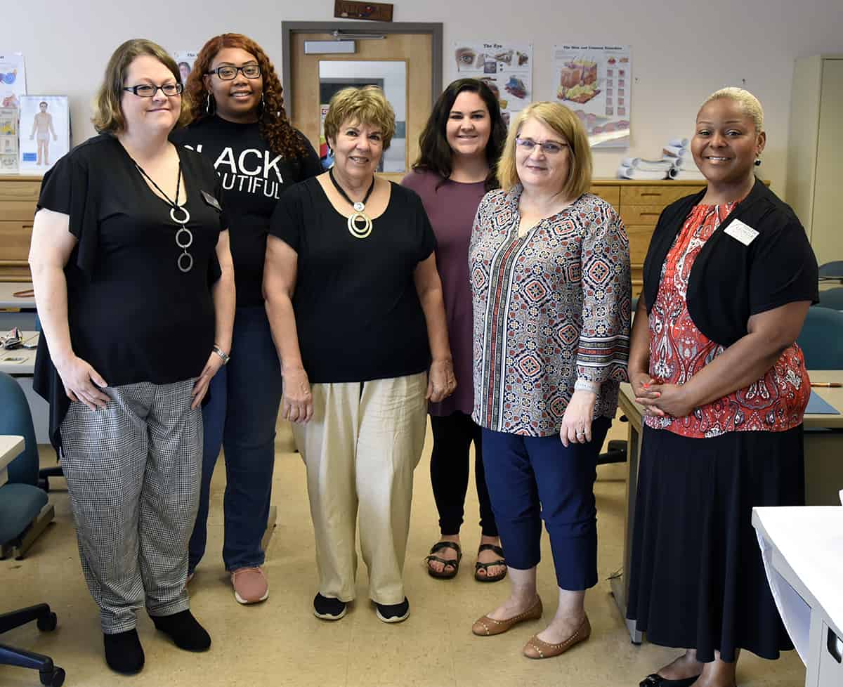 Pictured left-right: Medical Assisting Instructor Jeana Yawn LPN; Medical Assisting student Zaria Greene; Carolyn Campbell RN BSN; Administrative Assistant for Academic Affairs April Hilliard; Medical Assisting Instructor Diana Skipper RN; and Academic Dean Dr. Andrea Oates.