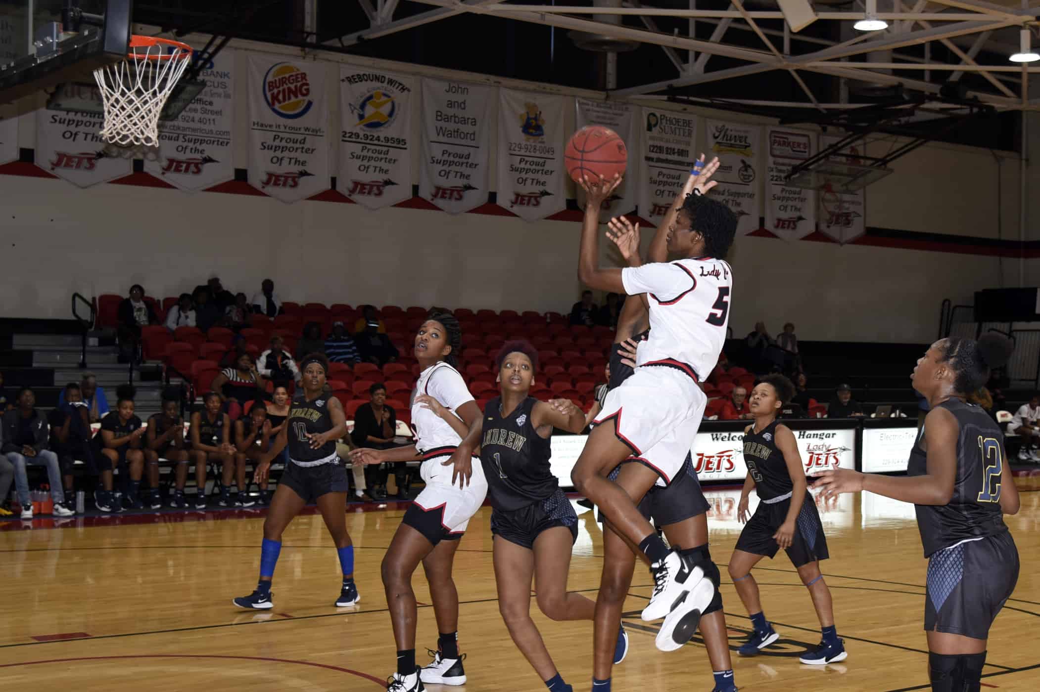 Sophomore Amarah Edeh goes up for a basket to help the SGTC Lady Jets defeat Andrew College.
