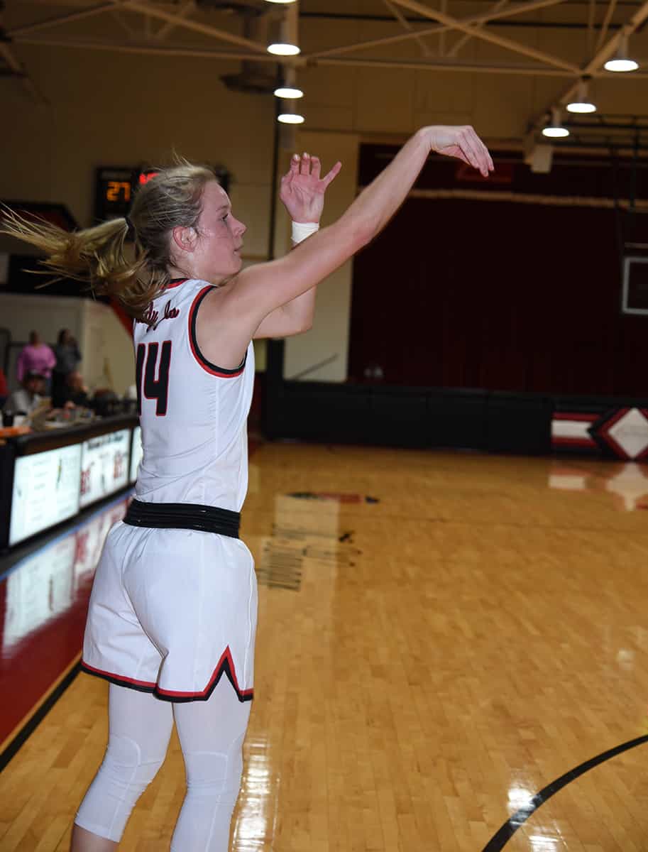 Anna McKendree (14) led the Lady Jets in scoring during the Lady Jets Tip-Off Classic. She had 23 points in the first game and 15 in the second game for a total of 38 points in the Classic.
