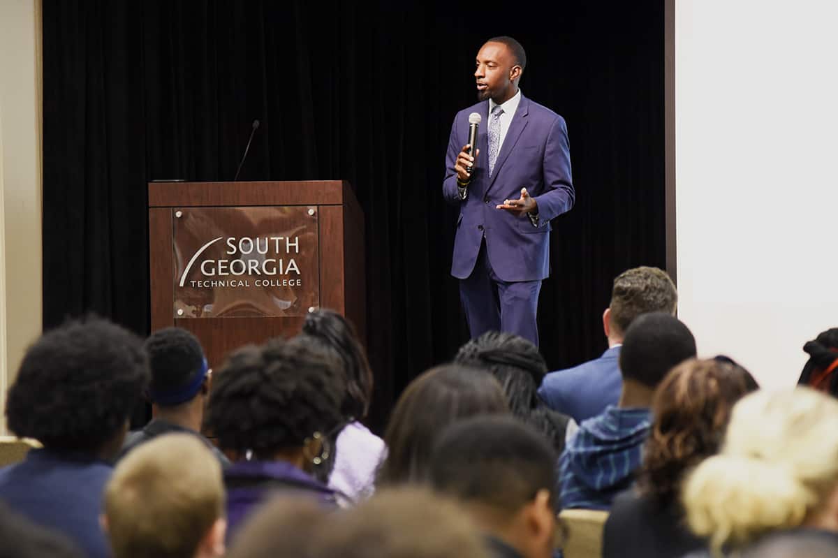 Author, entrepreneur and motivational speaker Marc Arnett addresses the audience at the recent SGTC Phi Beta Lambda American Enterprise Day event.