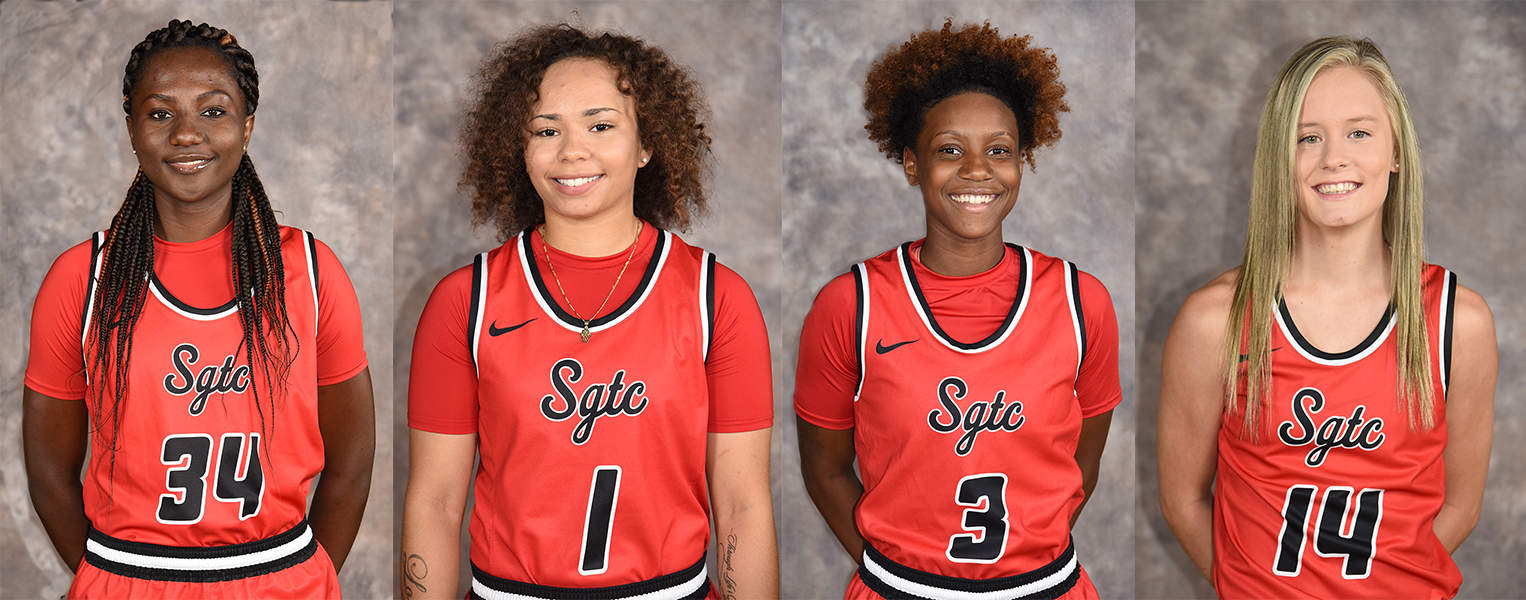 Four Lady Jets ranked in the NJCAA national statistics for rebounds, field goal percentage shooting, assists, and steals. Shown (l to r) are Femme Sikuzani (34), Shamari Tyson (1), Niya Goudelock (3), and Anna McKendree (14).