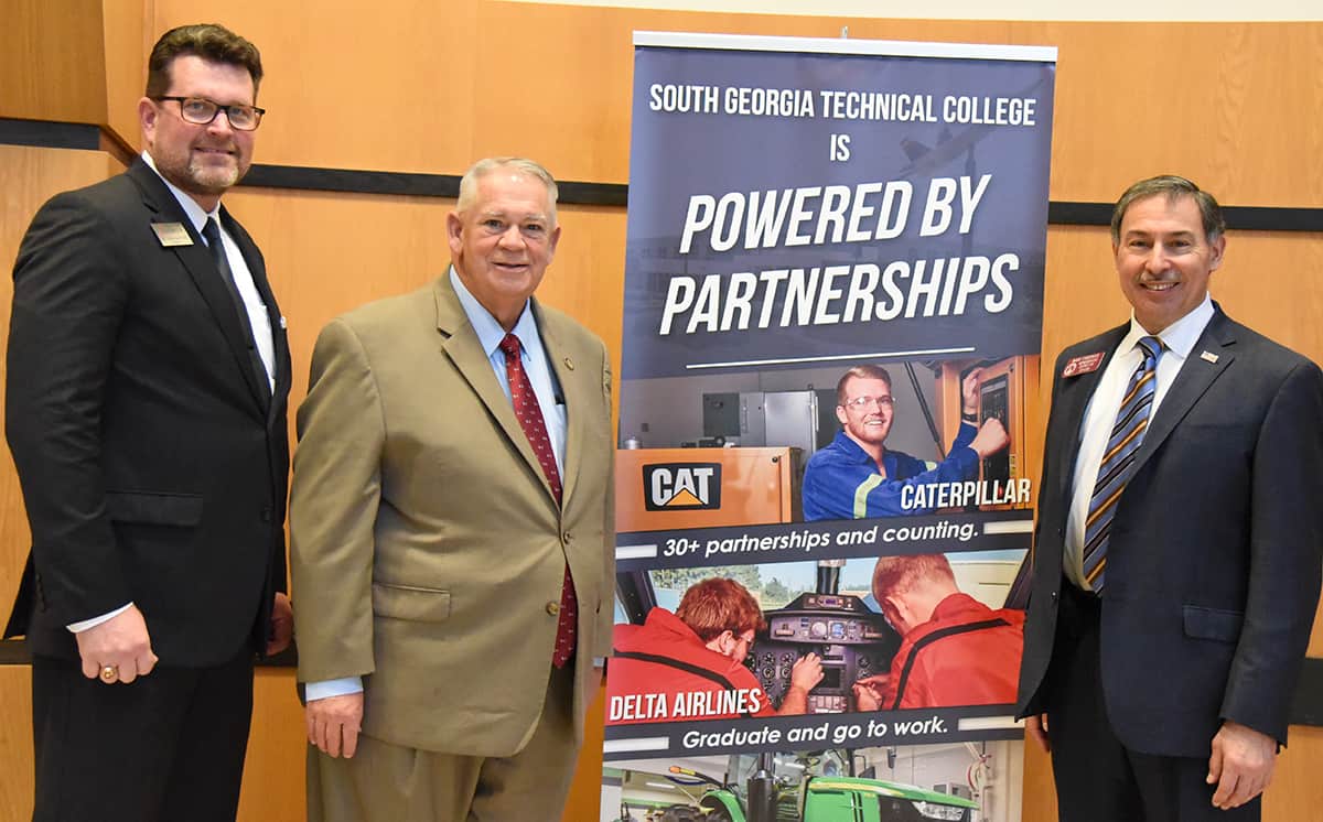 South Georgia Technical College President Dr. John Watford is shown above with Georgia Speaker of the House David Ralston and State Representative Mike Cheokas at the Rural Development Council meeting held at South Georgia Technical College.