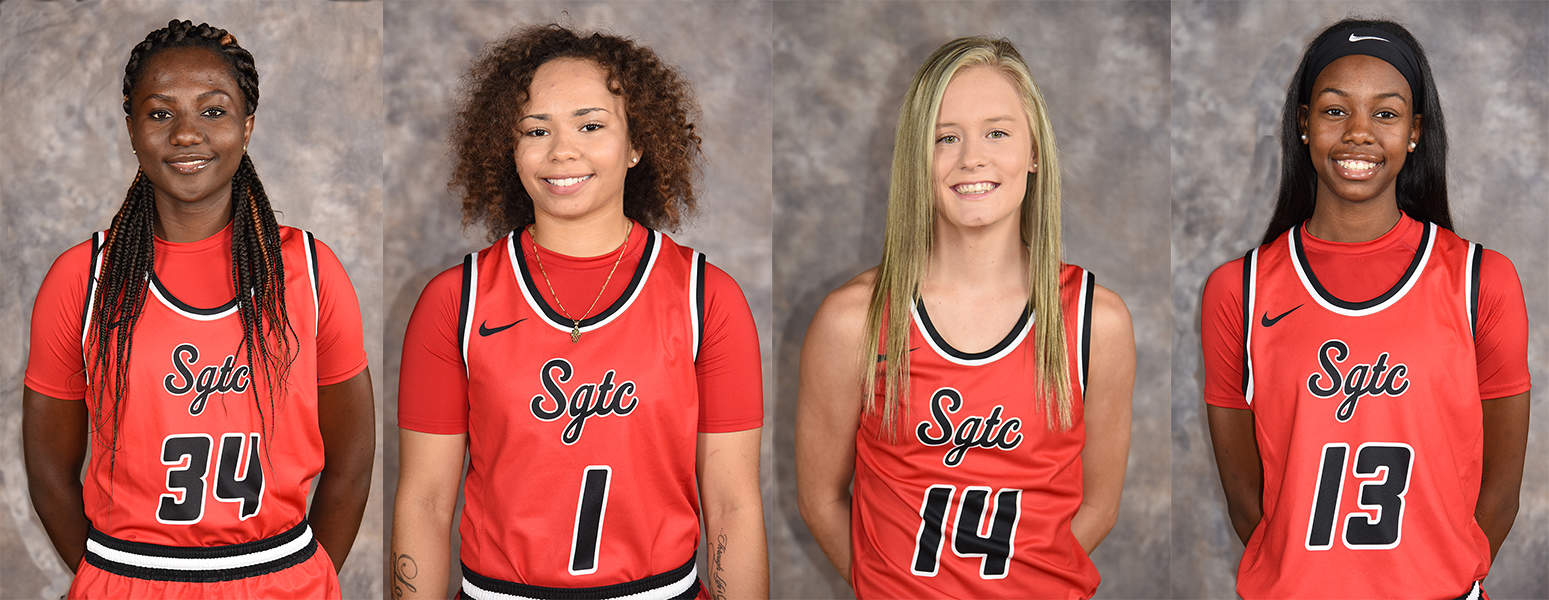 Four Lady Jets ranked in the NJCAA national statistics for rebounds, field goal percentage shooting, free throw percentage shooting, assists, and steals. Shown (l to r) are Femme Sikuzani (34), Shamari Tyson (1), Anna McKendree (14) and Yasriyyah Wazeerund-Din (13). The Lady Jets are currently ranked 17th in the nation.