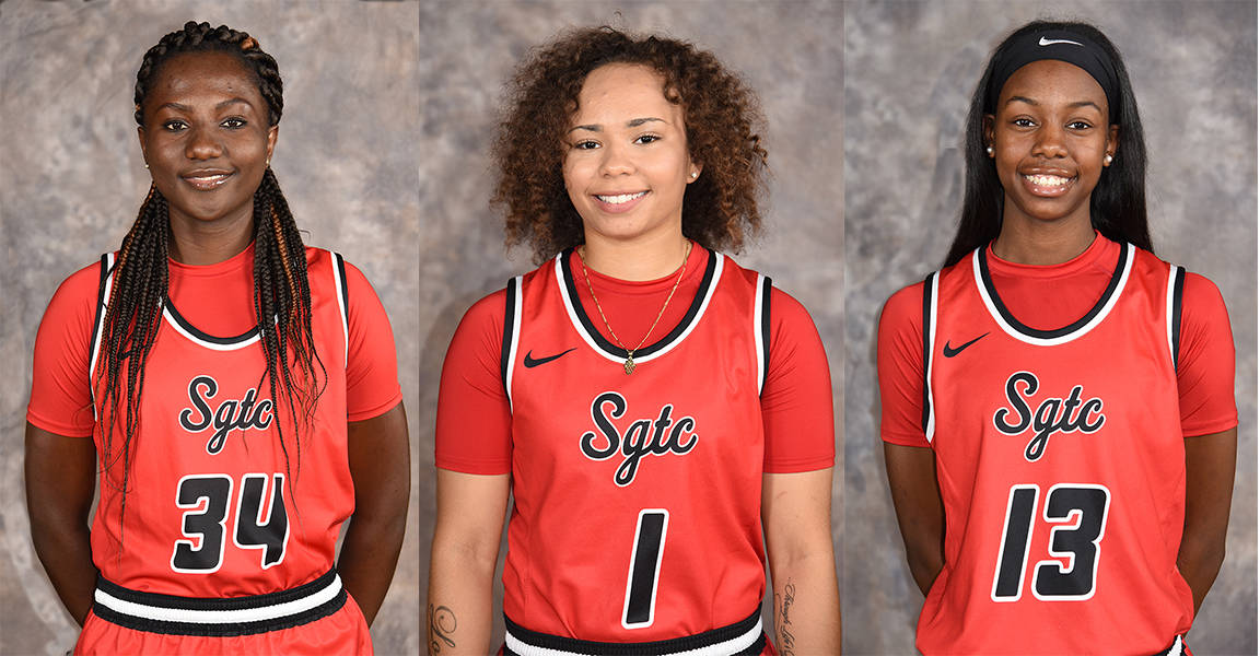 Three Lady Jets ranked in the NJCAA national statistics for rebounds, field goal percentage shooting, free throw percentage shooting, assists, blocked shots, and steals. Shown (l to r) are Femme Sikuzani (34), Shamari Tyson (1), and Yasriyyah Wazeerund-Din (13). The Lady Jets are currently ranked 16th in the nation.