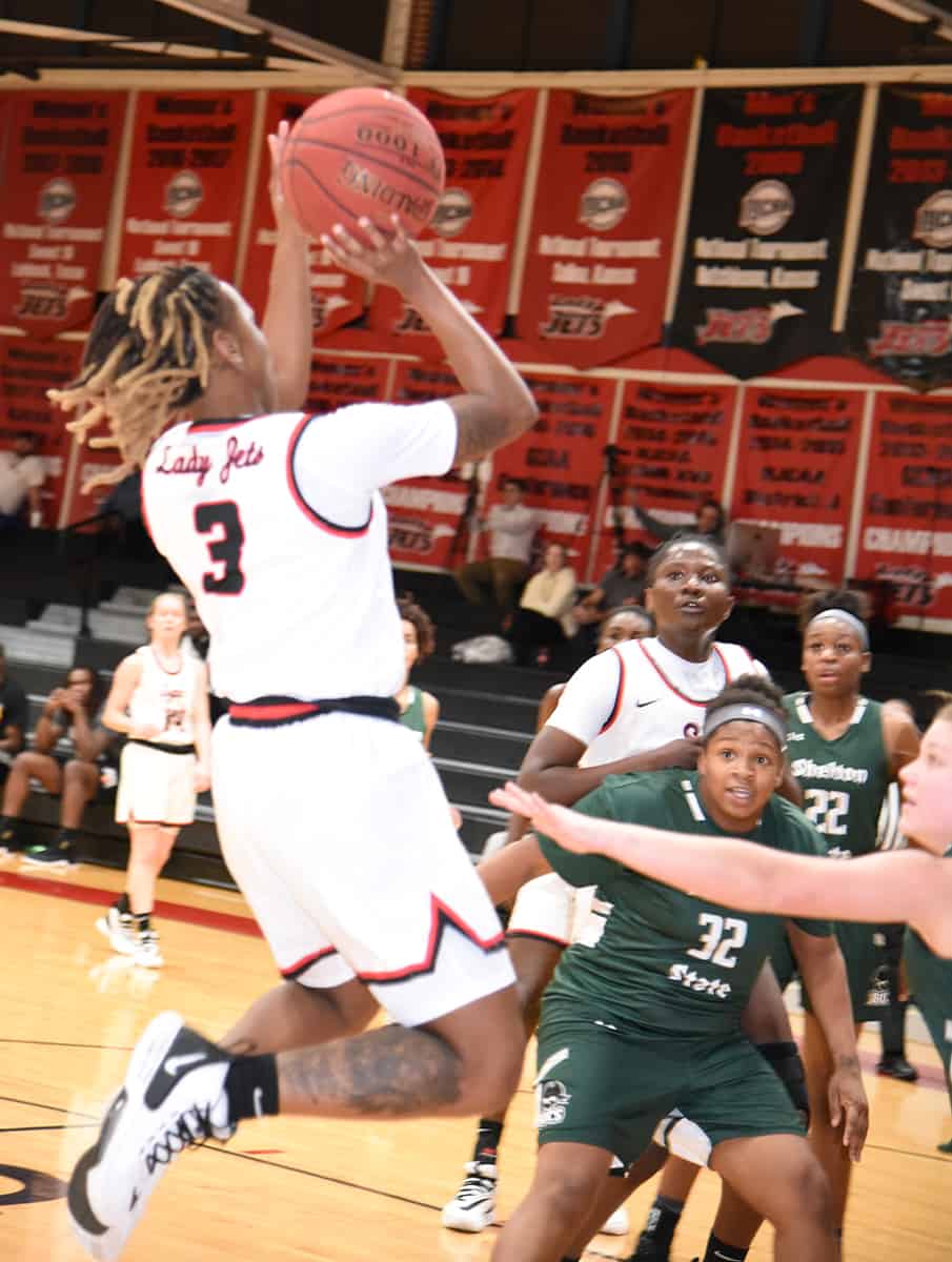 Niya Goudelock, 3, wound up with 11 points on her 20th birthday in the Lady Jets narrow loss to Shelton State.