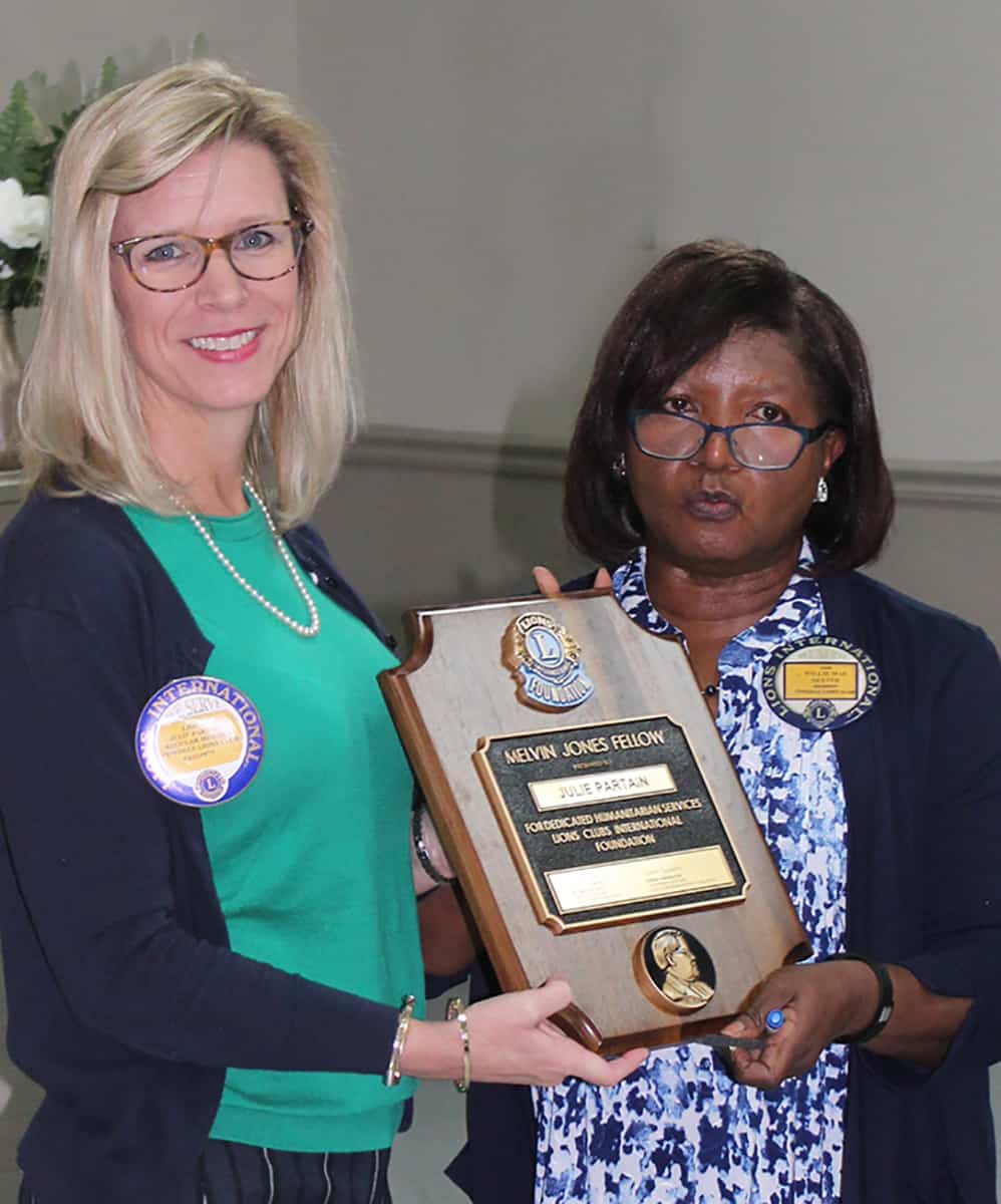 Julie Partain, South Georgia Technical College’s Dean of Enrollment Management for the Crisp County Center is shown above (l to r) receiving the Melvin Jones Fellow Plaque from Cordele Lions’ Club President Willie Mae Dexter. Photo by Gabe Jordan, Cordele Dispatch.