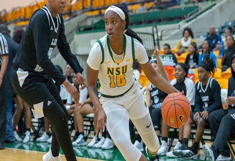 La’Deja James, 10, is shown above playing for Norfolk State University where she earned the National Player of the Week honors.