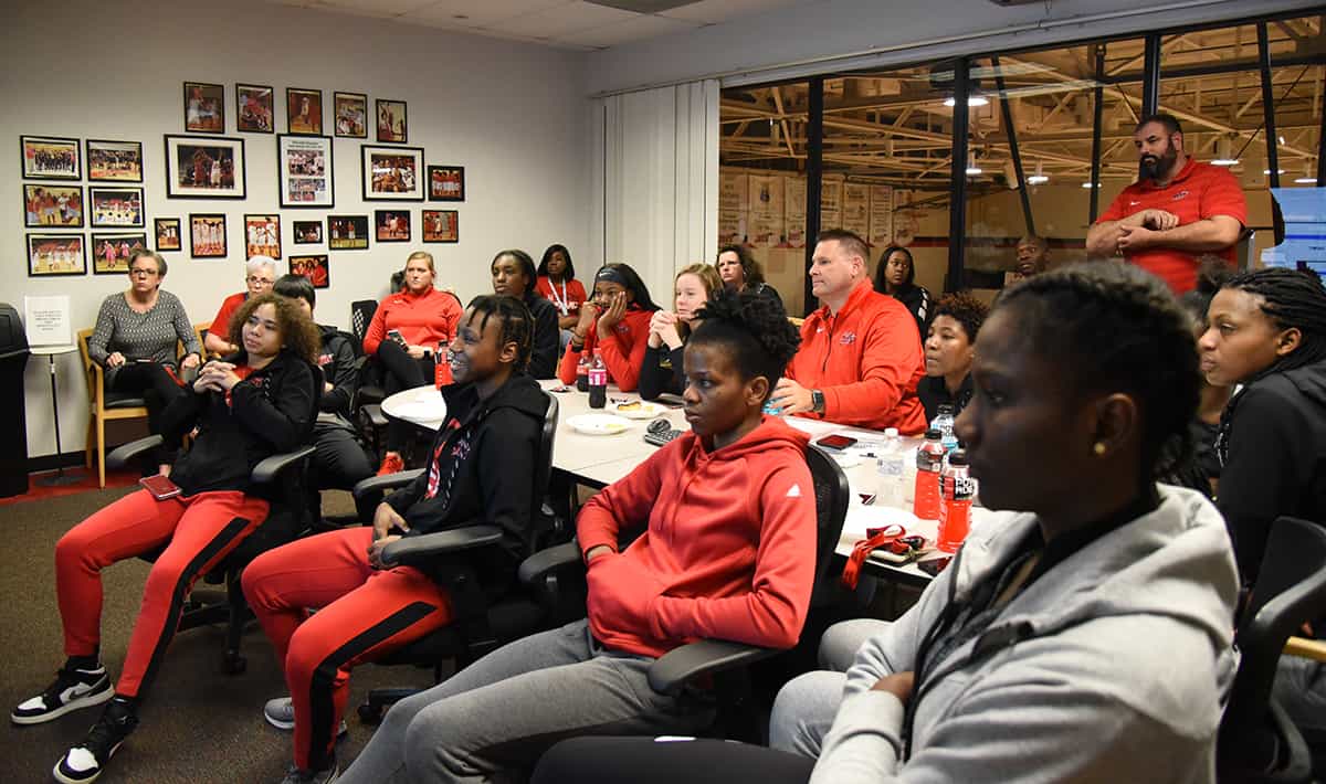 SGTC Lady Jets head coach James Frey and his team are shown above watching the NJCAA Selection Show to find out their seed for the national tournament.