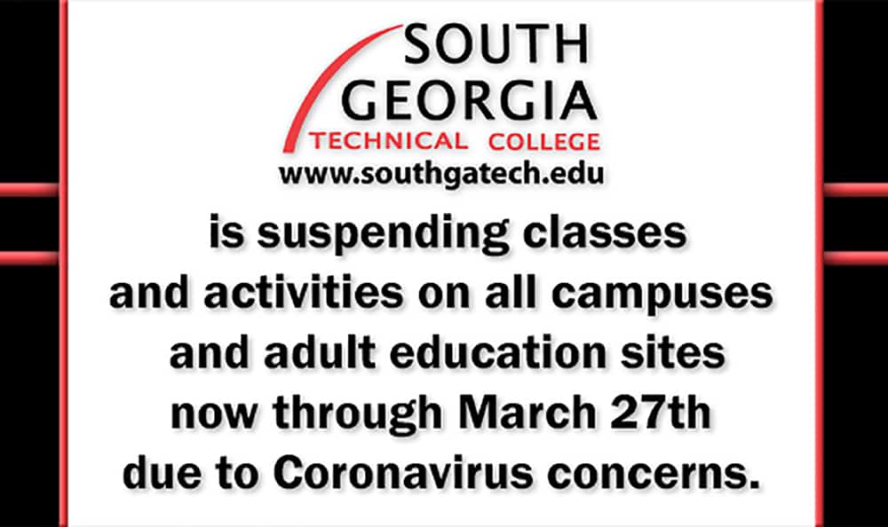 Social media notice that South Georgia Technical College is suspending all classes and activities now through March 27th.