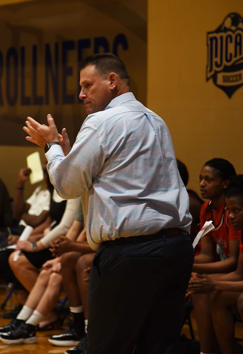 Coach Frey is shown above encouraging his team during the District J Championship game in Spartanburg, SC where his Lady Jets earned their fourth consecutive trip to the NJCAA National Tournament.