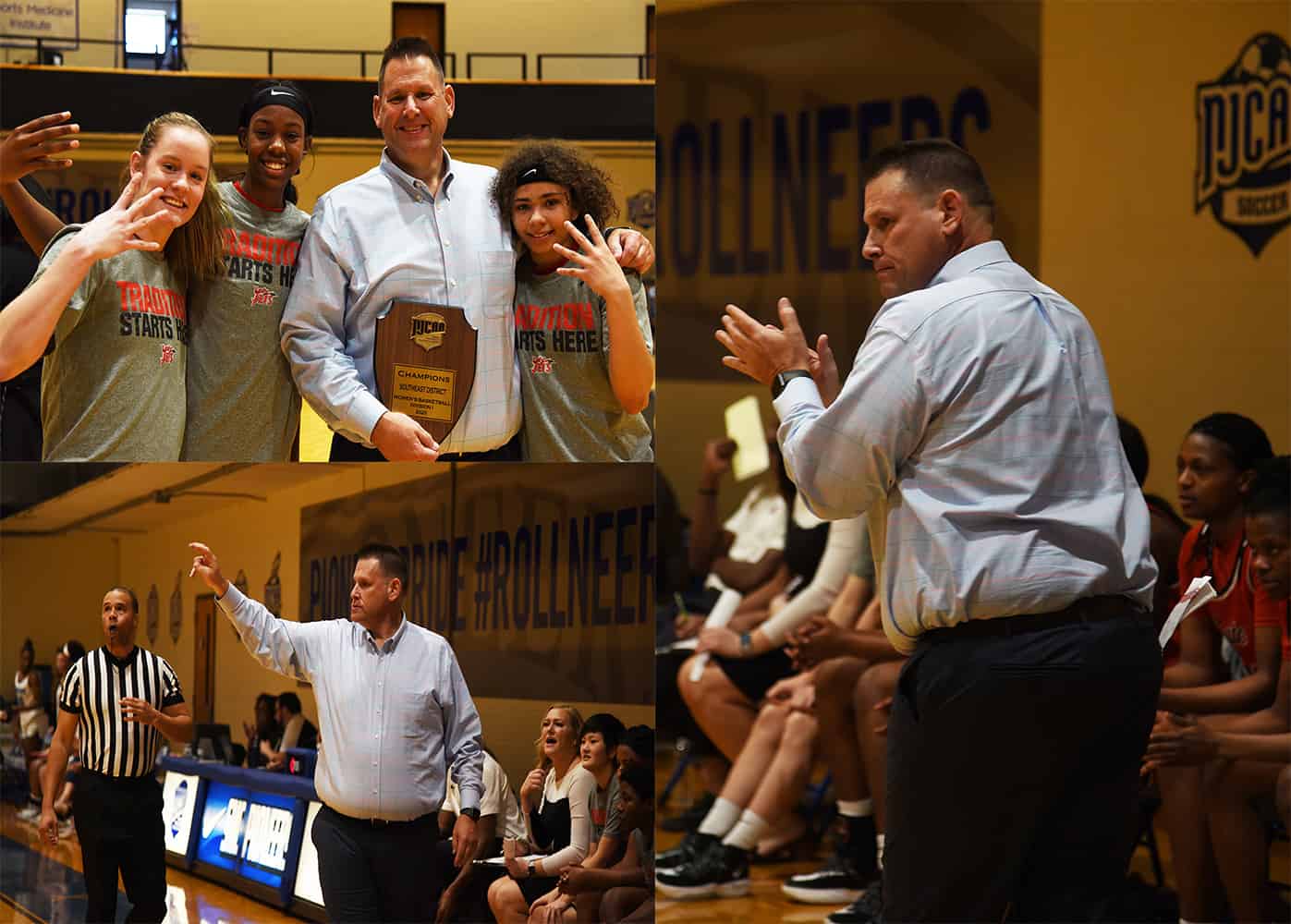The many faces of Lady Jets head coach during the match-up against Spartanburg Methodist in the District J championship game. He is shown with Lady Jets sophomores Anna McKendree, Yasriyyah Wazeerud-Din, and Shamari Tyson with the District J Championship plaque. Then he is shown directing players on the court and applauding their efforts.