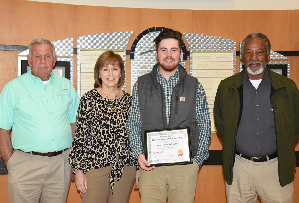 Shown above (l to r) are South Georgia Technical College Electrical Lineworker Instructor Dewey Turner, SGTC Economic Development Assistant Tami Blount who works with the SGTC Electrical Lineworker program, Georgia Power Electrical Lineworker Scholarship recipient Robert Willoughby, and Lineworker Instructor Sidney Johnson.