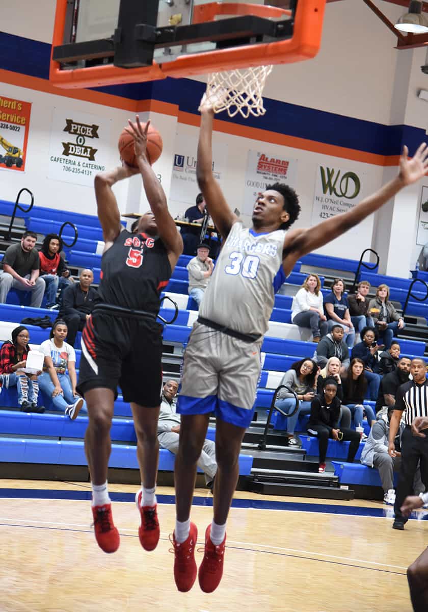 Justin Johnson, 5, led the Jets in scoring with 19 points in the NJCAA Region XVII tournament quarterfinals in Rome, GA against Georgia Highlands College.