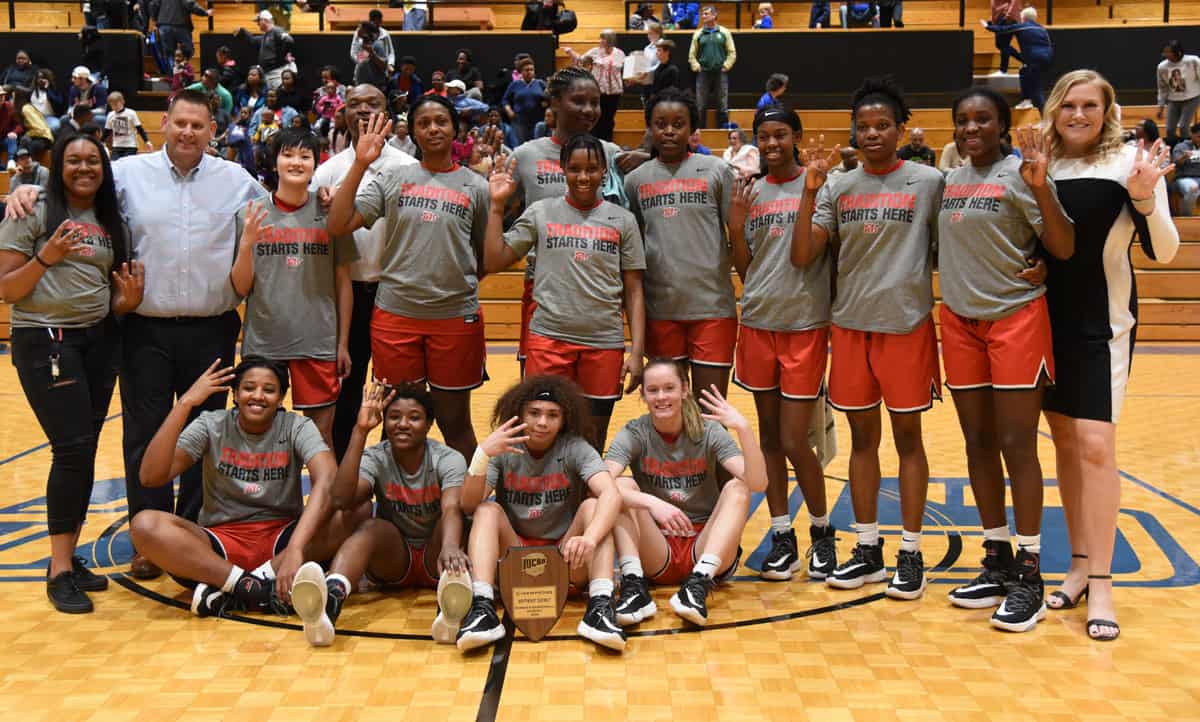 The South Georgia Technical College Lady Jets win the District J Championship game in Spartanburg, SC and earn the right to advance to the national tournament for the 4th consecutive year. Shown above are the Lady Jets holding up four fingers signifying their college’s four consecutive trip to the big dance.