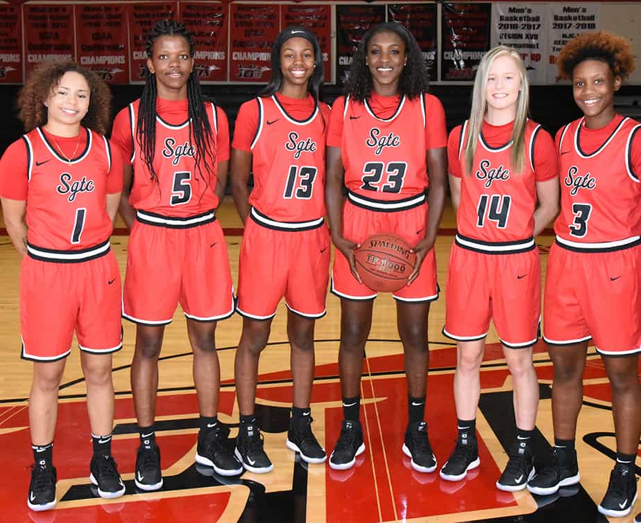 Shown above are the six South Georgia Technical College Lady Jets who were selected to the GCAA All-Academic Team. They are shown (l to r): Shamari Tyson (1), Amara Edeh (5), Yasriyyah Wazeerud-Din (13), Oumy Gueye (23), Anna McKendree (14), and Niya Goudelock (3).