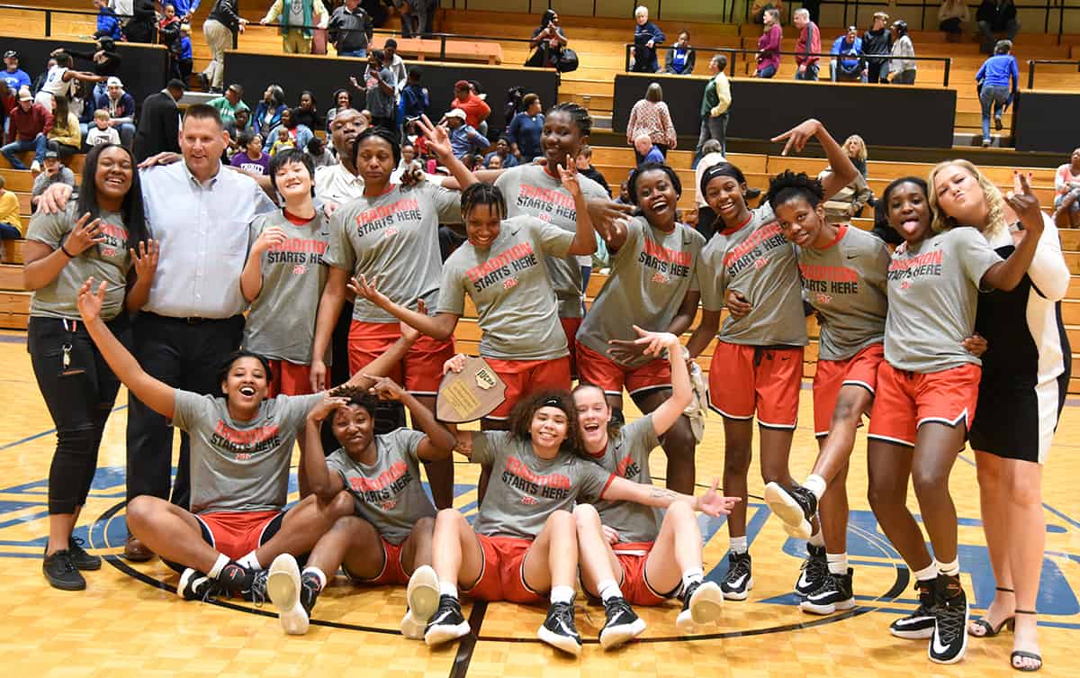 The South Georgia Technical College Lady Jets win the District J Championship game in Spartanburg, SC and earn the right to advance to the national tournament for the 4th consecutive year. Shown above are the Lady Jets holding up four fingers signifying their college’s four consecutive trip to the big dance.