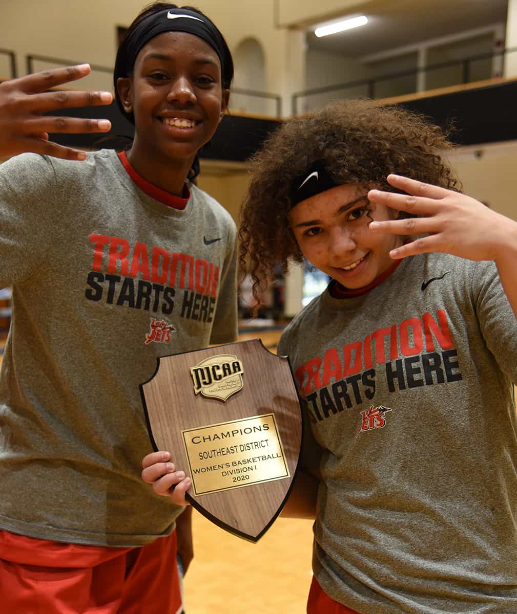 South Georgia Technical College’s Yasriyyah Wazeerud-Din and Shamari Tyson are shown together after they led the Lady Jets to their fourth consecutive NJCAA District J championship this season to earn the right to advance to the NJCAA National Tournament in Lubbock, Texas.