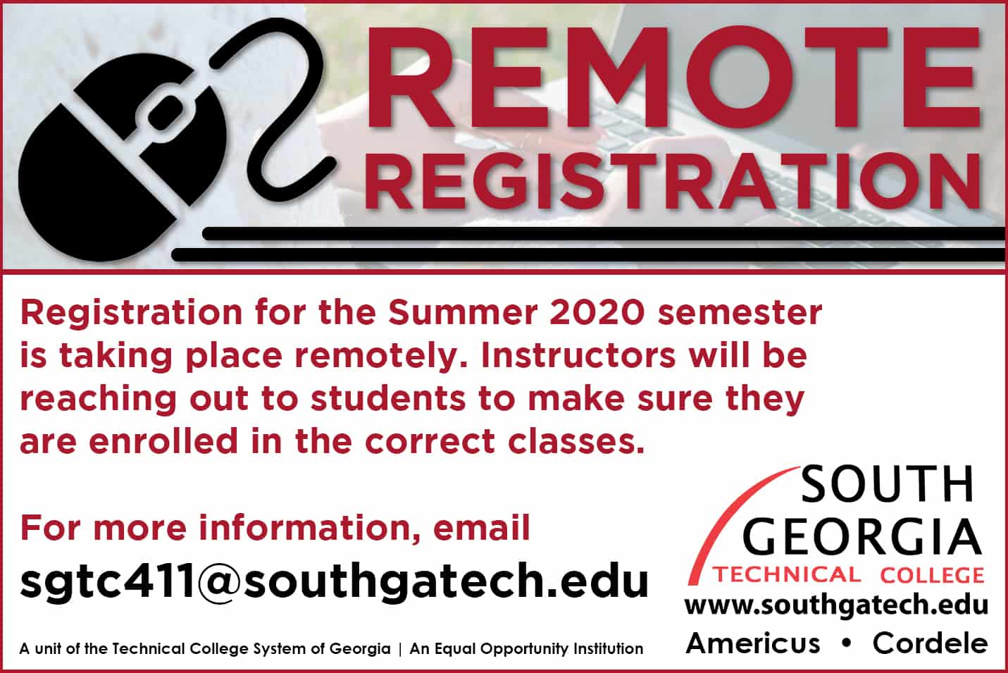 SGTC beginning remote registration for Summer Semester.