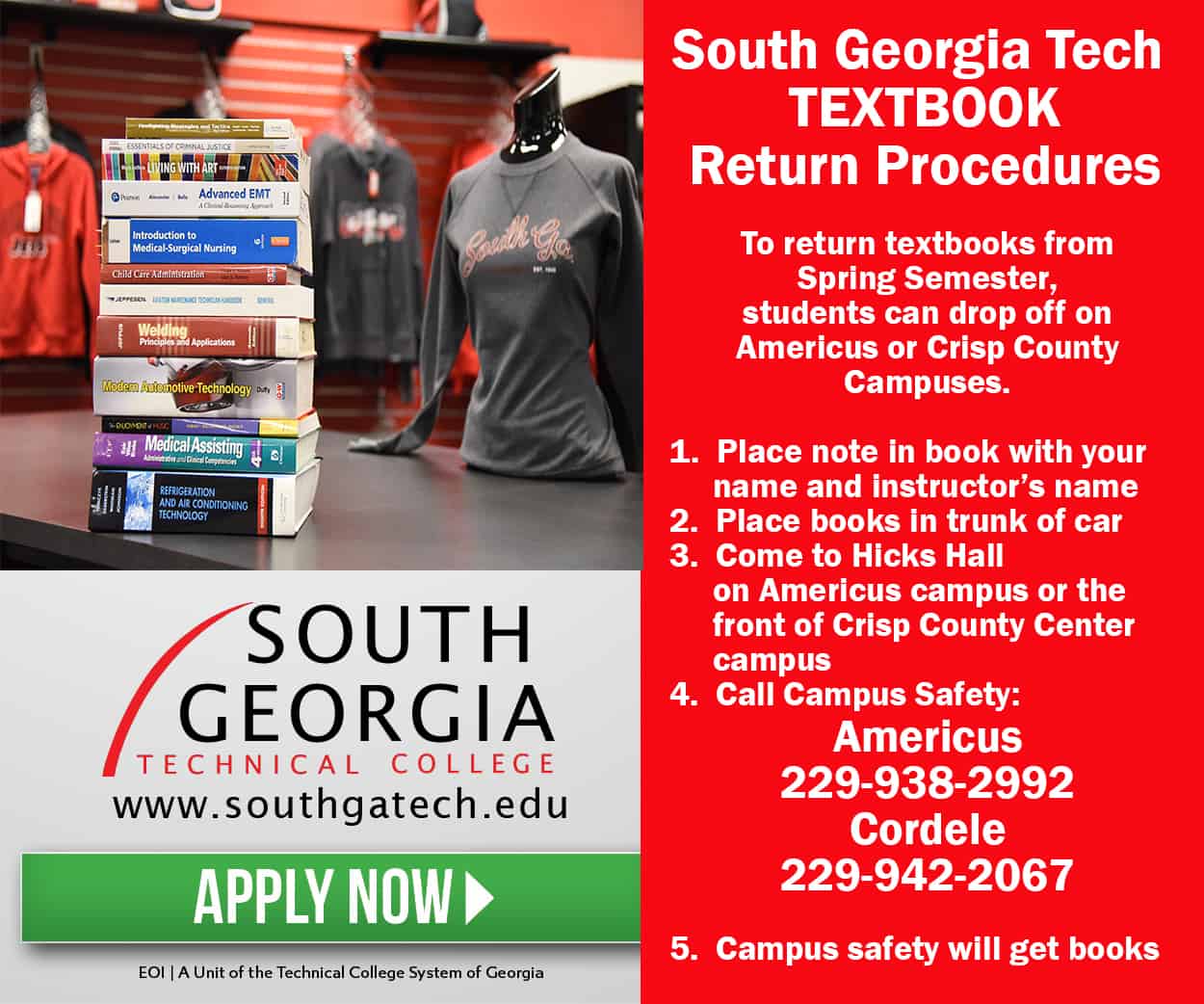 Procedures for returning textbooks to South Georgia Technical College at the end of Spring Semester announced.