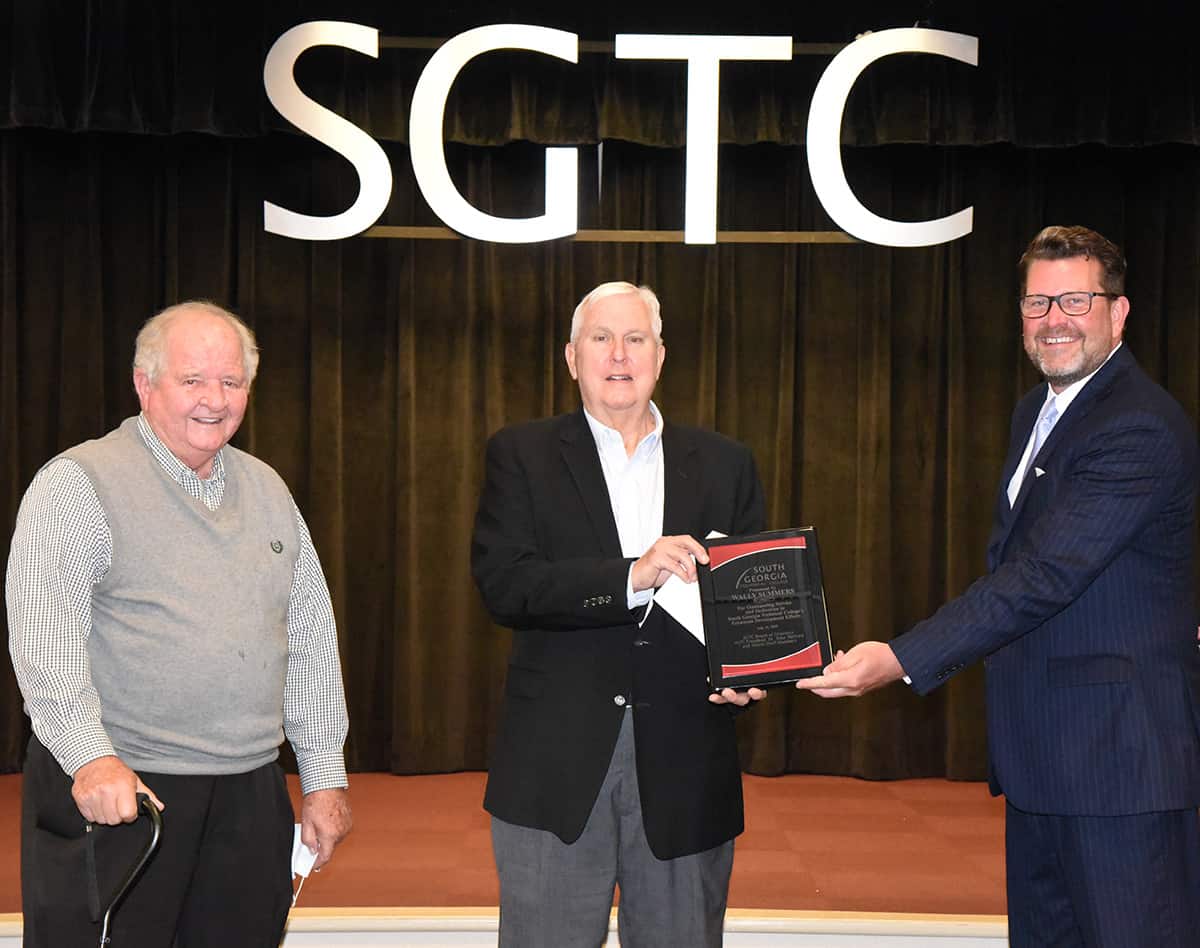South Georgia Technical College Chairman of the SGTC Board of Directors Jimmy Davis is shown above (l to r) with Wally Summers and SGTC President Dr. John Watford at the July Board of Directors meeting.