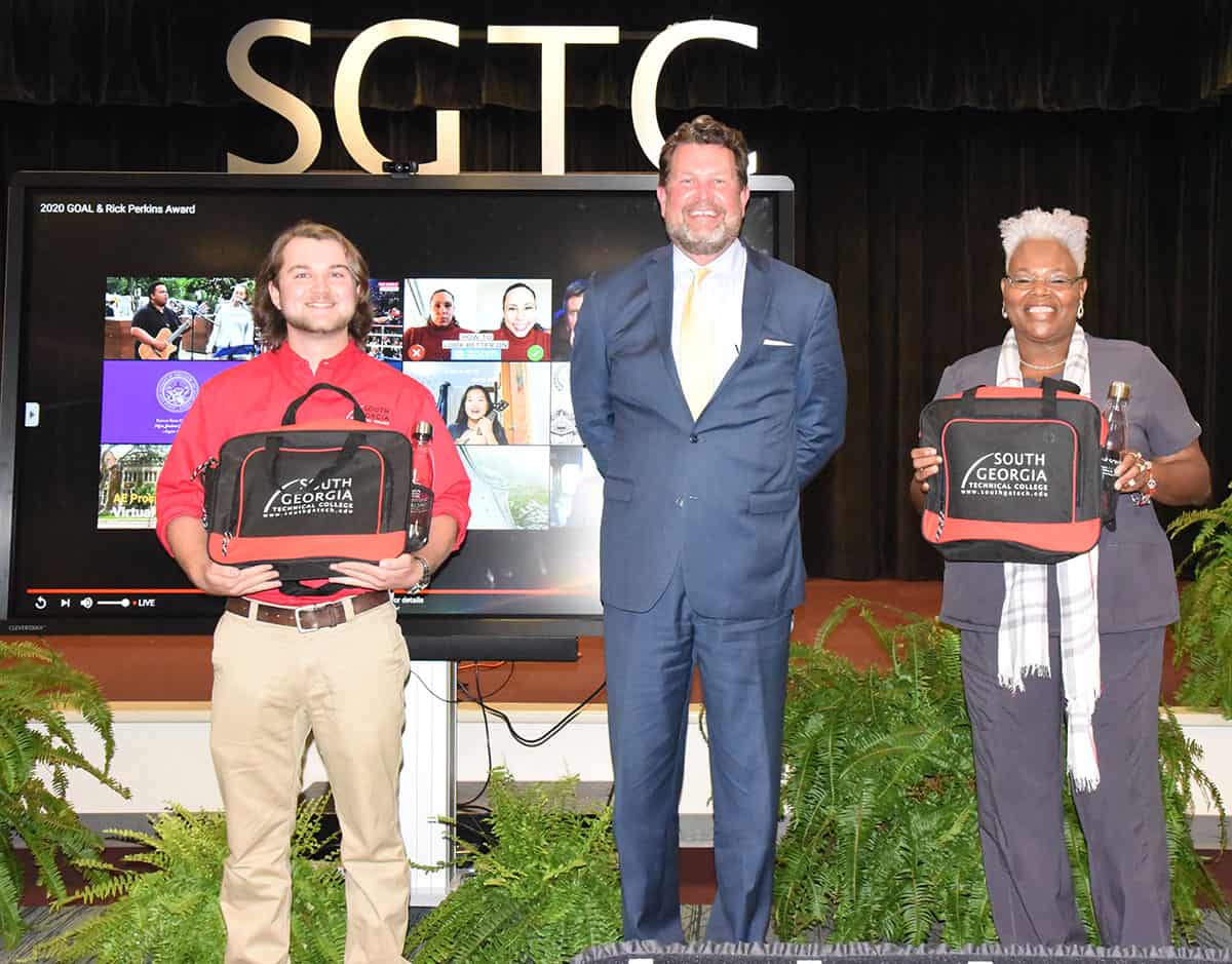 South Georgia Technical College President Dr. John Watford is shown above (center) congratulating SGTC 2020 GOAL student of the year David Bush and SGTC 2020 Rick Perkins Instructor of the Year Dorothea McKenzie, who has now advance to the state finals to be considered as the top instructor in the Technical College System of Georgia.