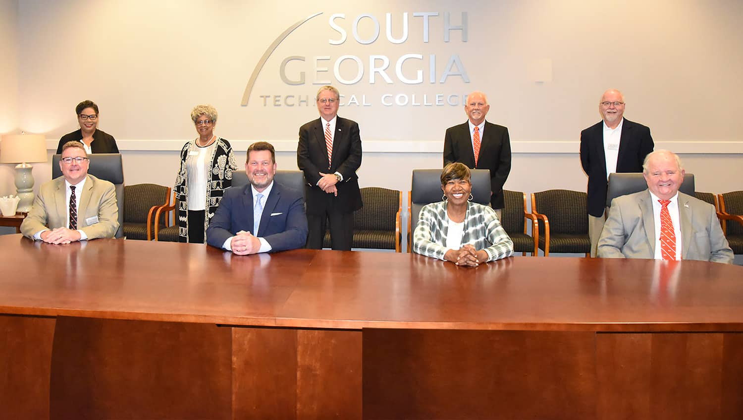 SGTC President Dr. John Watford (seated, second from left) is shown above with the SGTC Board of Directors for 2020 – 2021. Shown seated (l to r) with the Board of Directors is SGTC Chair Don Porter, Dr. Watford, SGTC Vice Chair Janet Siders, and SGTC former chair Jimmy Davis. Shown standing on the back row are: Executive Assistant to the President Teresa O’Bryant, Mattye Gordon, Richard McCorkle, Jake Everett, and George Bryce.