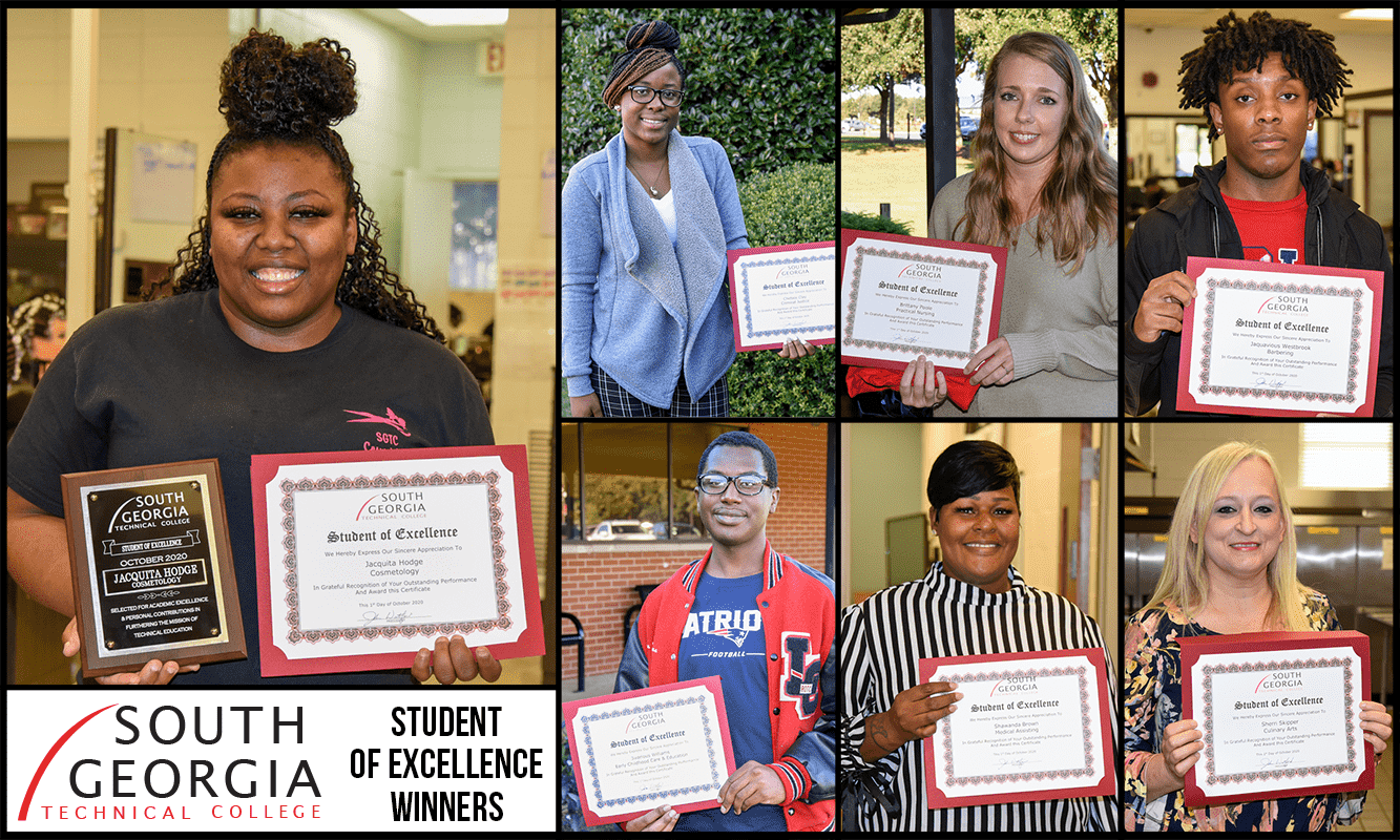 SGTC Student of Excellence overall winner Jacquita Hodge (left) and nominees (top row, l-r) Chelsey Clay, Brittany Poole, Ja’Quavious Westbrook, (bottom row, l-r) Jivarious Williams, Shawanda Brown, and Sherri Skipper.
