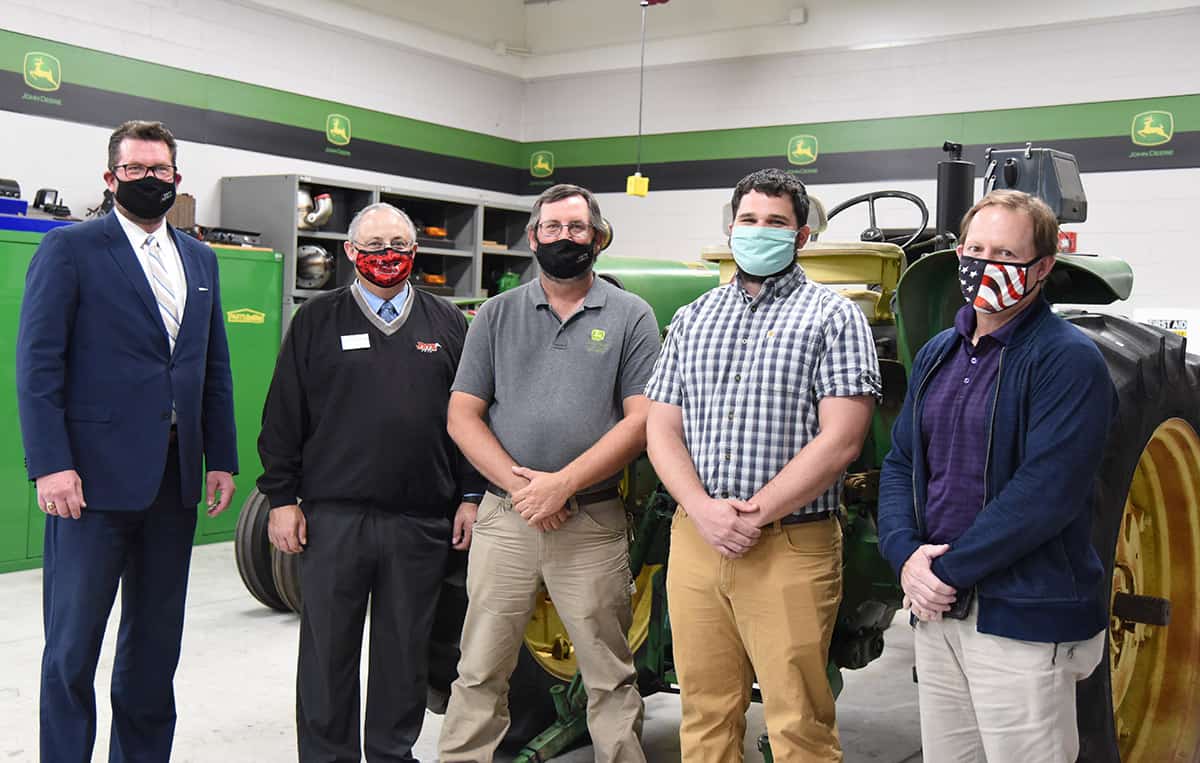 South Georgia Technical College President Dr. John Watford is shown above in the John Deere TECH lab with SGTC Academic Dean Dr. David Finley, SGTC Agricultural Technology Instructor Mathew Burkes and Christian Cole Sawyer and Mark V. Arceneaux, Agricultural Mechanics Instructors from Fletcher Technical Community College in Houma, LA.