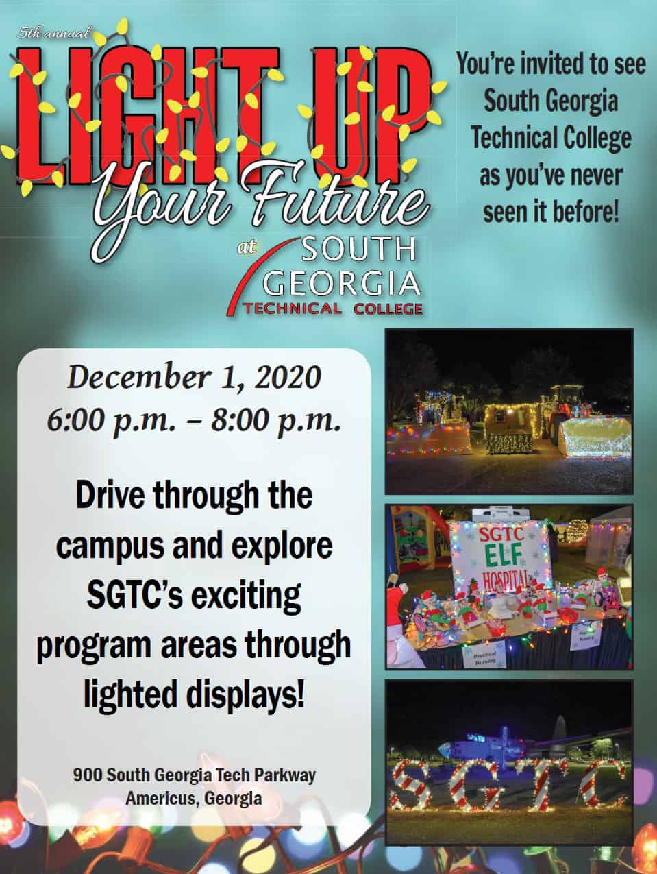 South Georgia Technical College is giving back on Giving Tuesday! Everyone is invited to the FREE 5th annual “Light Up Your Future” Event at South Georgia Technical College on Tuesday, December 1st from 6 p.m. to 8 p.m.