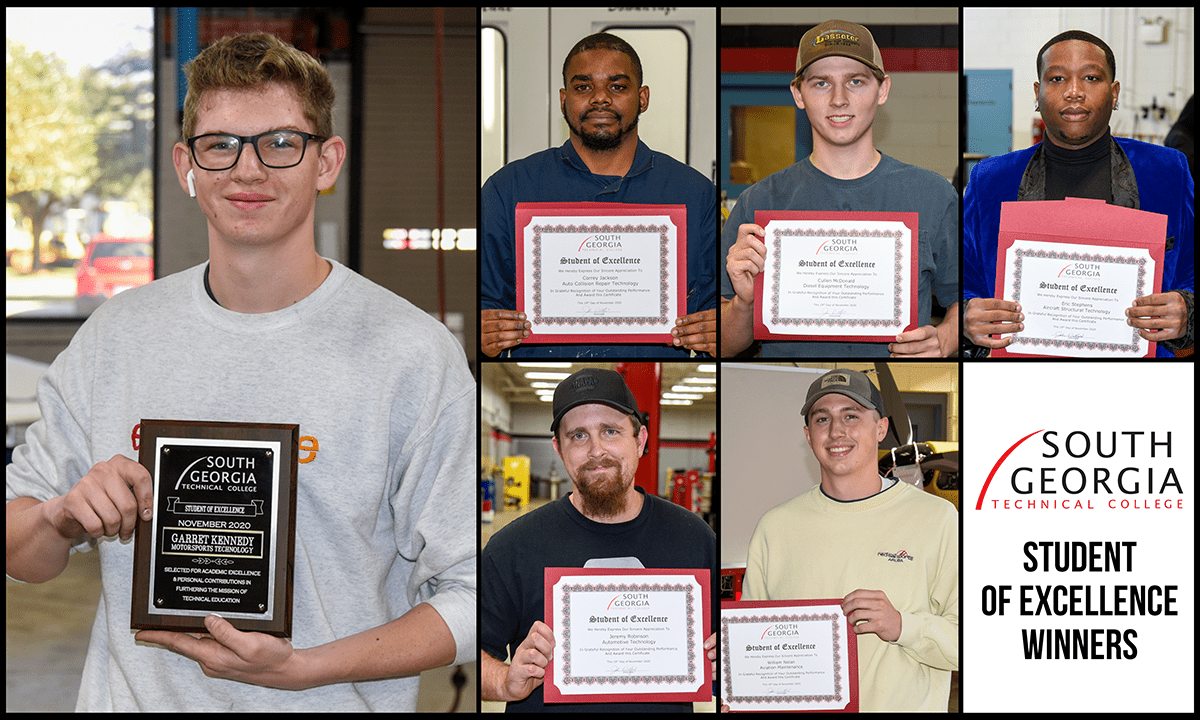 SGTC Student of Excellence overall winner Garrett Kennedy (left) and nominees (top row) Correy Jackson, Cullen McDonald, Eric Stephens, (bottom row) Jeremy Robinson, and William Nolan.
