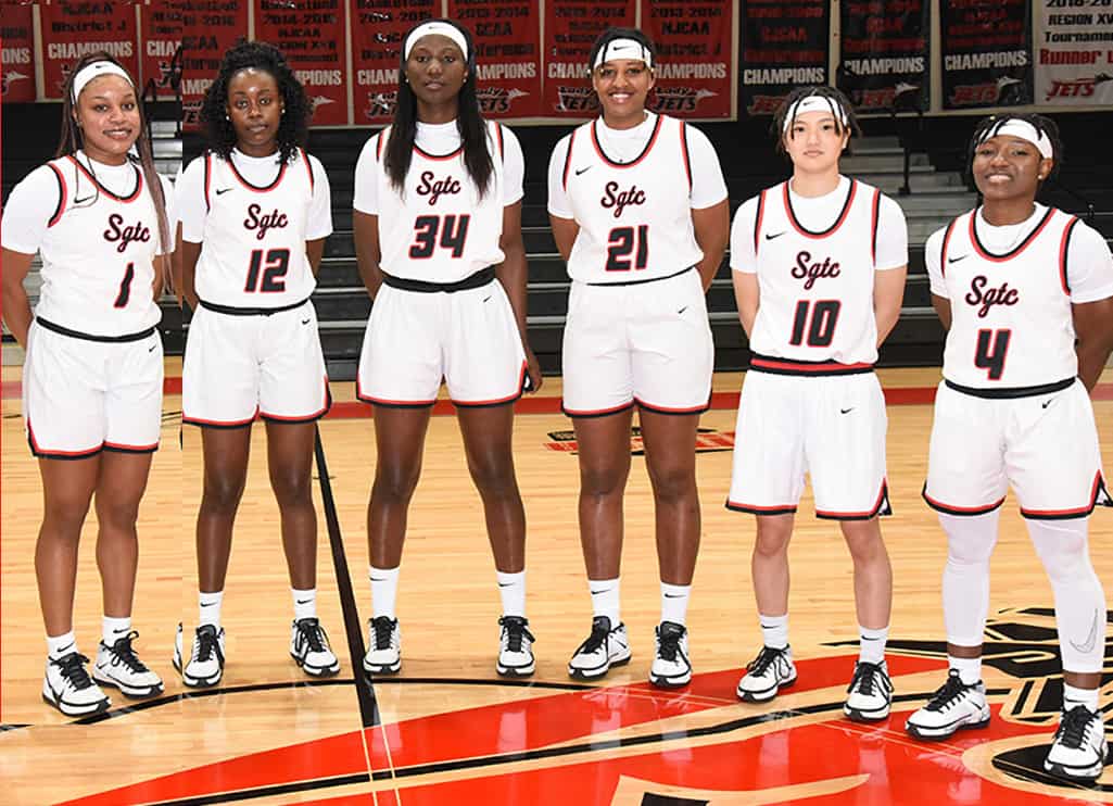 Six sophomores and one freshman from the South Georgia Technical College Lady Jets 2020 – 2021 team earned spots in the NJCAA Division I women’s basketball individual rankings this week. Shown above are: sophomores Imani McNeal (1), Flore Ngasamputu (12), Femme Sikuzani (34), Hope Butera (21), Moe Shida (10), and Veronica Charles (4) are shown above. Not shown is freshman Tena Ikidi (15).