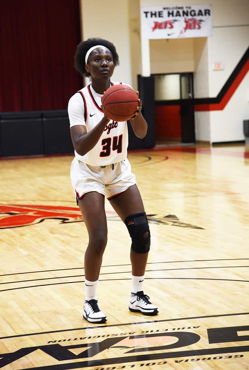 Femme Sikuzani, (34) sophomore center for the Lady Jets, was tied for first place in the nation in free throw percentage shooting with a perfect record from the foul line.