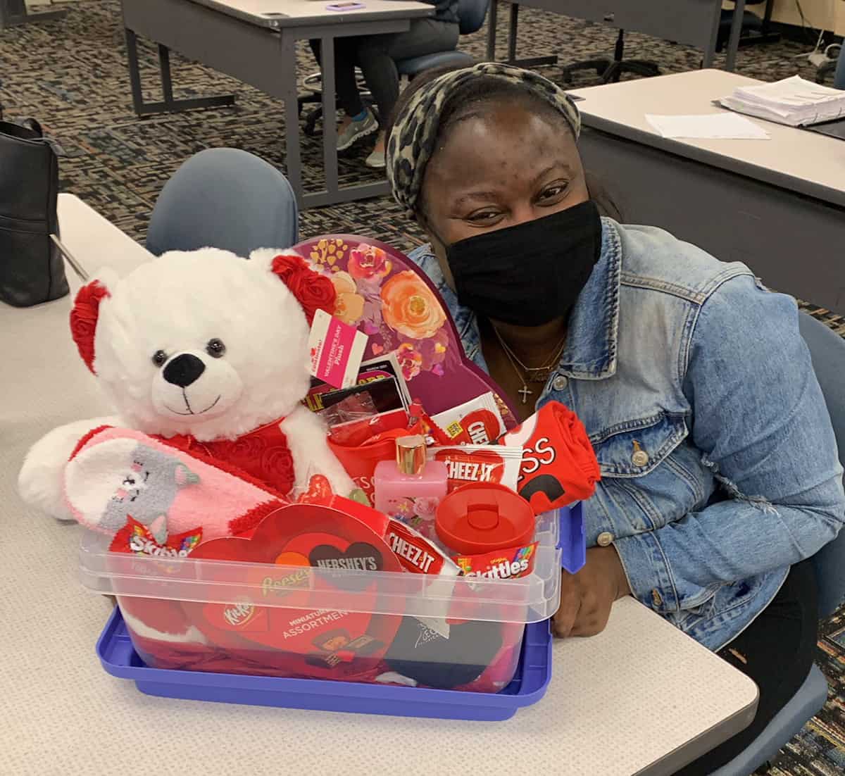 Jasmin Robinson is shown above with her Valentine's gift basket.