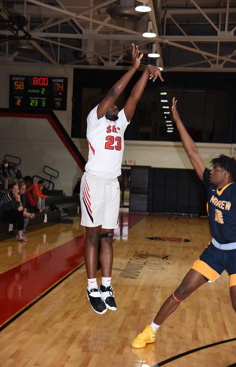 Kadeem Wilks (23) came off the bench to score 16 points and tie Marvin McGhee (10) and Jordan Stephens (15) as leading scorers for the Jets in the win over Andrew College.