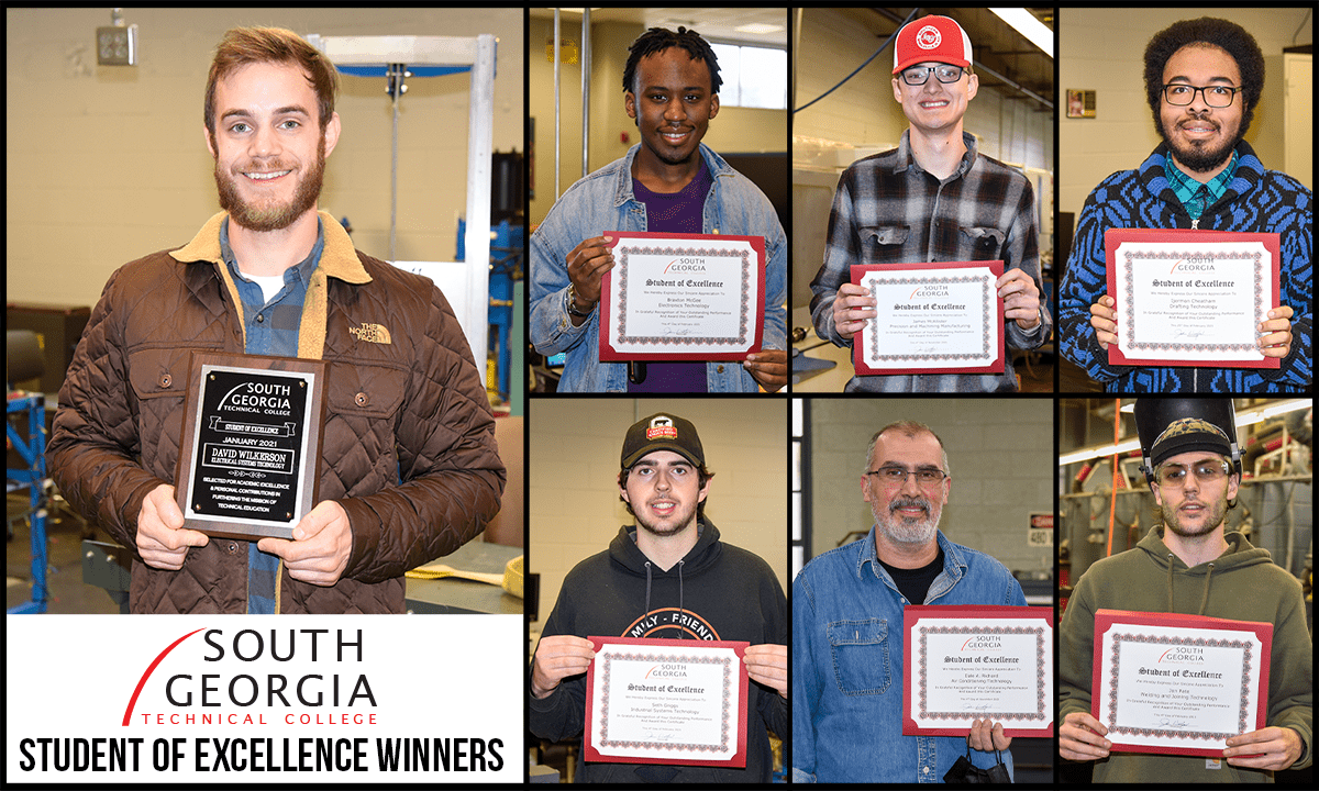 SGTC Student of Excellence overall winner David Wilkerson (left) and nominees (top row) Braxton McGee, James McAllister, Ijermon Cheatham, (bottom row) Seth Griggs, Dale Richard, and Jon Pate.