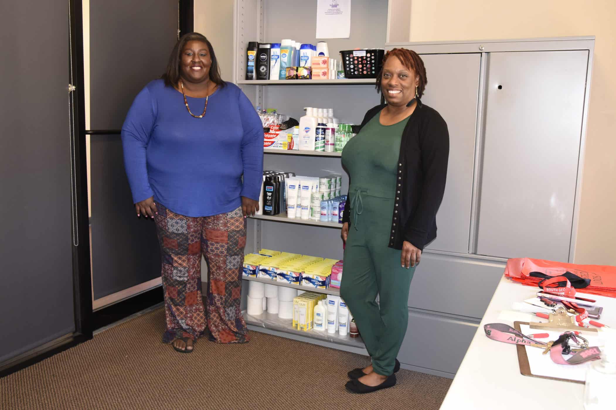 Pictured are SGTC Vice President of Student Affairs Eulish Kinchens (left) and Special Populations Coordinator Jennifer Robinson in the “Jets Pantry”, a service to provide basic hygiene items to SGTC students in need.