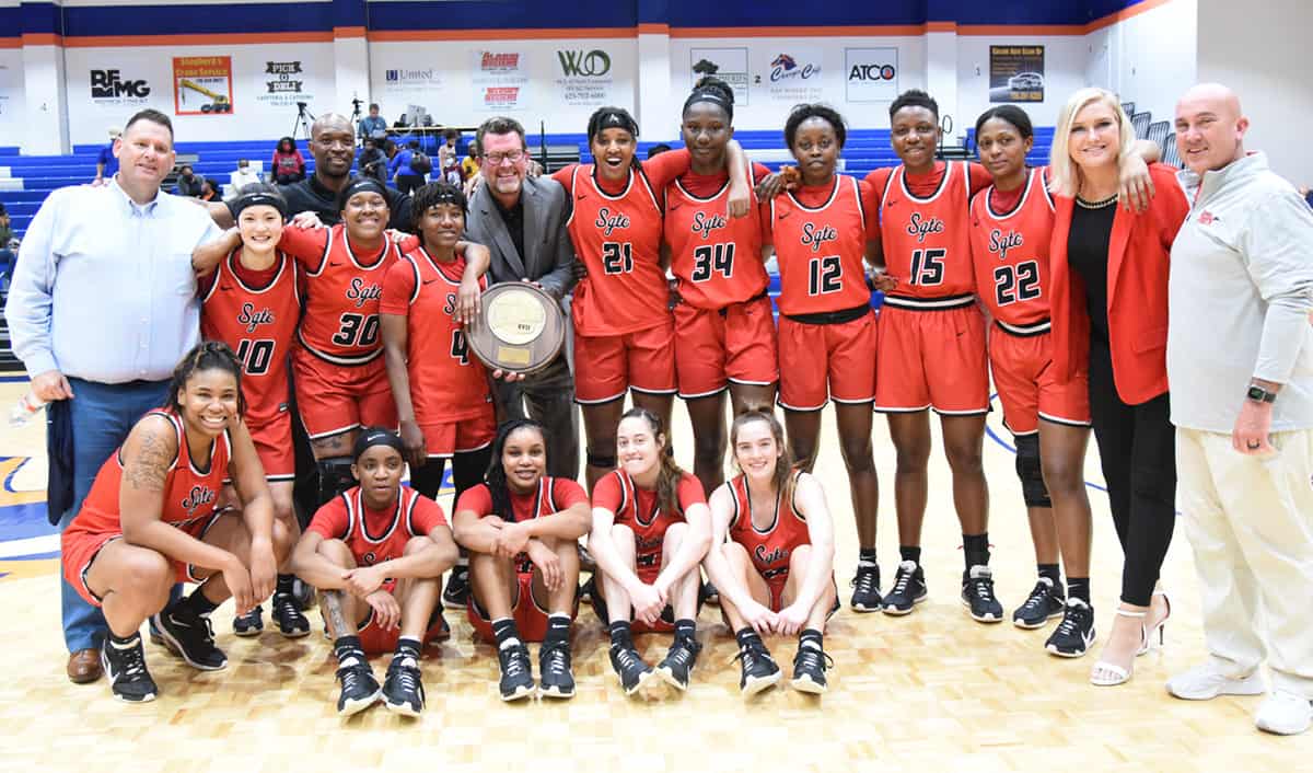 The South Georgia Technical College Lady Jets are shown above with SGTC President Dr. John Watford and the NJCAA Region 17 trophy after the Lady Jets defeated Georgia Highlands, 80 – 71 in overtime in Rome, GA. The Lady Jets will now host Spartanburg Methodist in the Southeast Conference game on Saturday, April 10th at 1 p.m. in Americus.