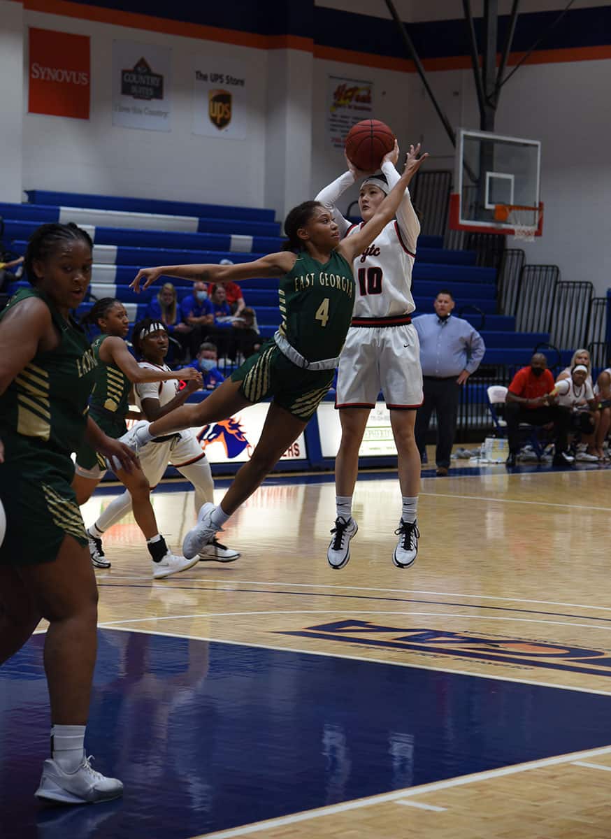 Sophomore Moe Shida led the Lady Jets in scoring with 14 points in the NJCAA Region 17 semi-final tournament win over East Georgia in Rome Friday night.