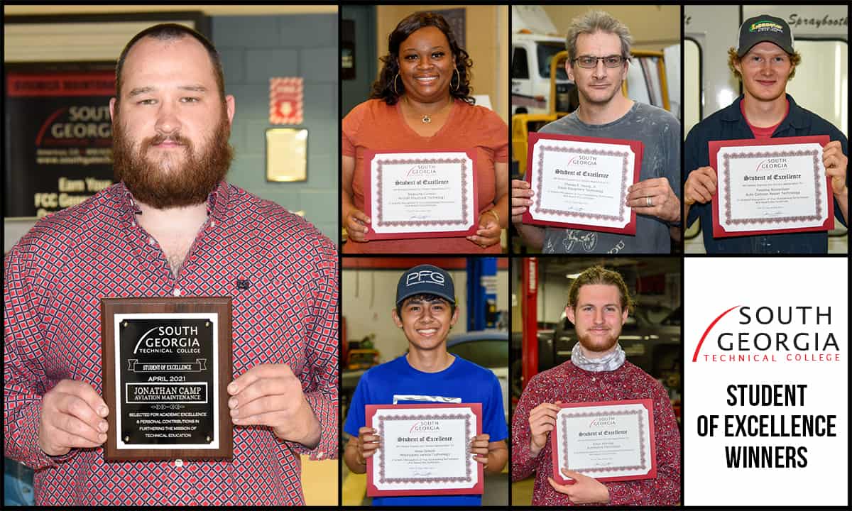 SGTC Student of Excellence overall winner Jonathan Camp (left) and nominees (top row) Shaquitta Cannon, Charles Young, Timothy Richardson, (bottom Row) Jesse Salazar, and Ethan Ethridge.