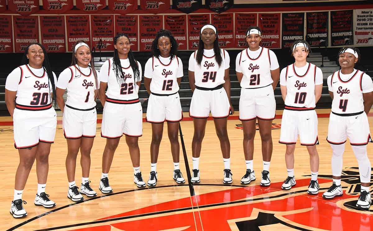 Shown above are the eight of the nine South Georgia Technical College Sophomore Lady Jets who were named to the GCAA All-Academic team for 2020-2021. They are: Kamya Hollingshed, 30, Imani McNeal, 1, Sarah Lawambo, 22, Flore Ngasamputu, 12, Femme Sikuzani, 34, Sarah Lwambo, 22, Moe Shida, 10, and Veronica Charles, 4. Not shown is Niya McGuire, 40.